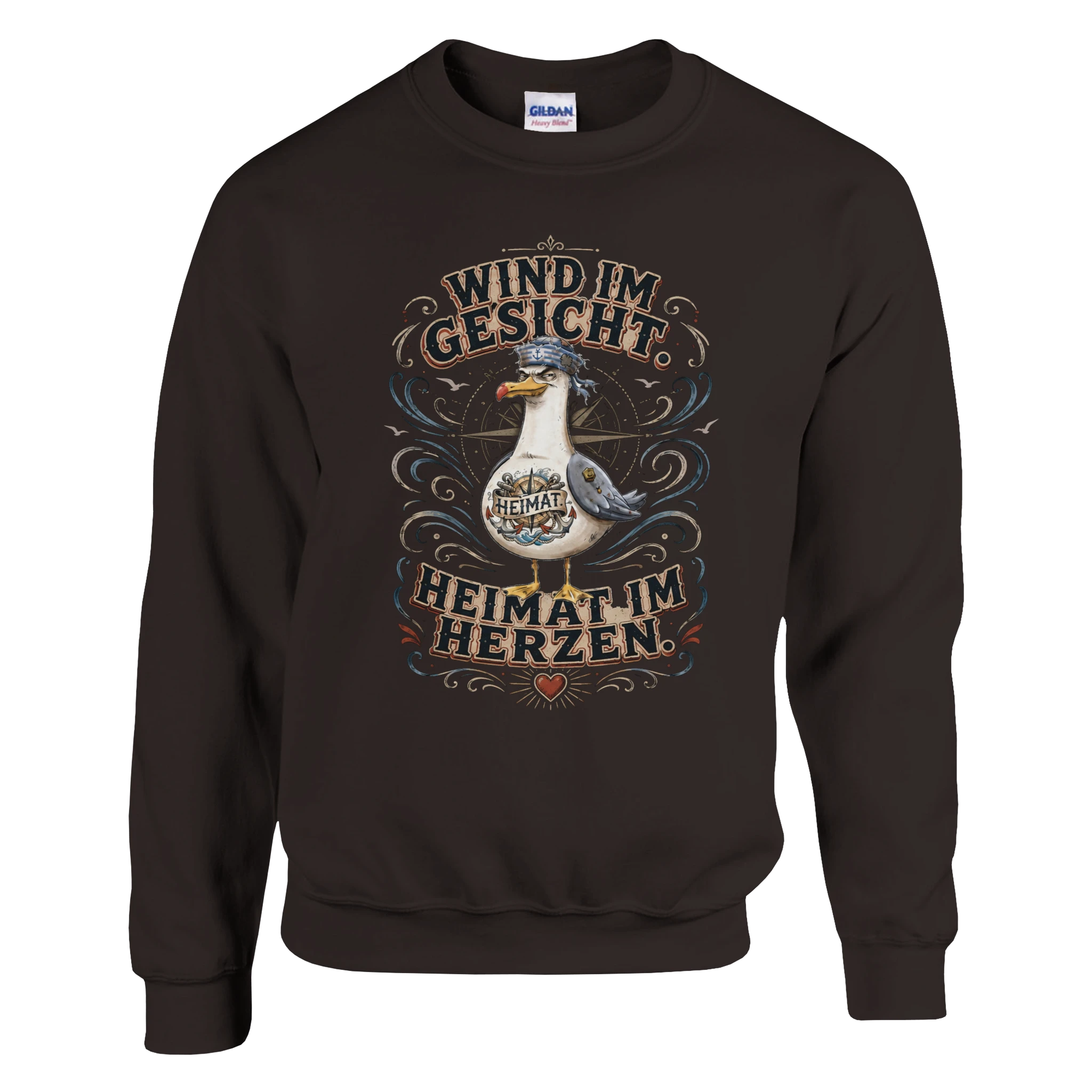 Pullover in Hellrosa mit Motiv „Wind im Gesicht. Heimat im Herzen. Möwe“
