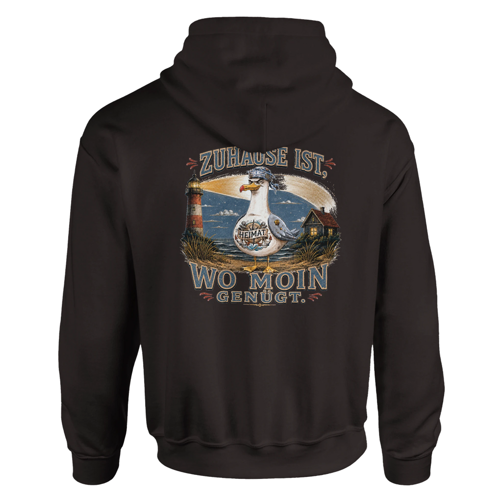 Hoodie in Hellrosa mit Motiv „Zuhause ist, wo Moin genügt. Möwe“