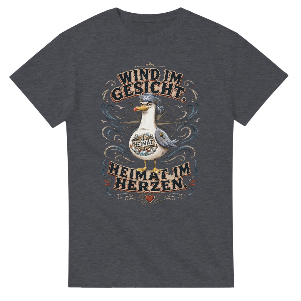 T-Shirt in Natur mit Motiv „Wind im Gesicht. Heimat im Herzen. Möwe“