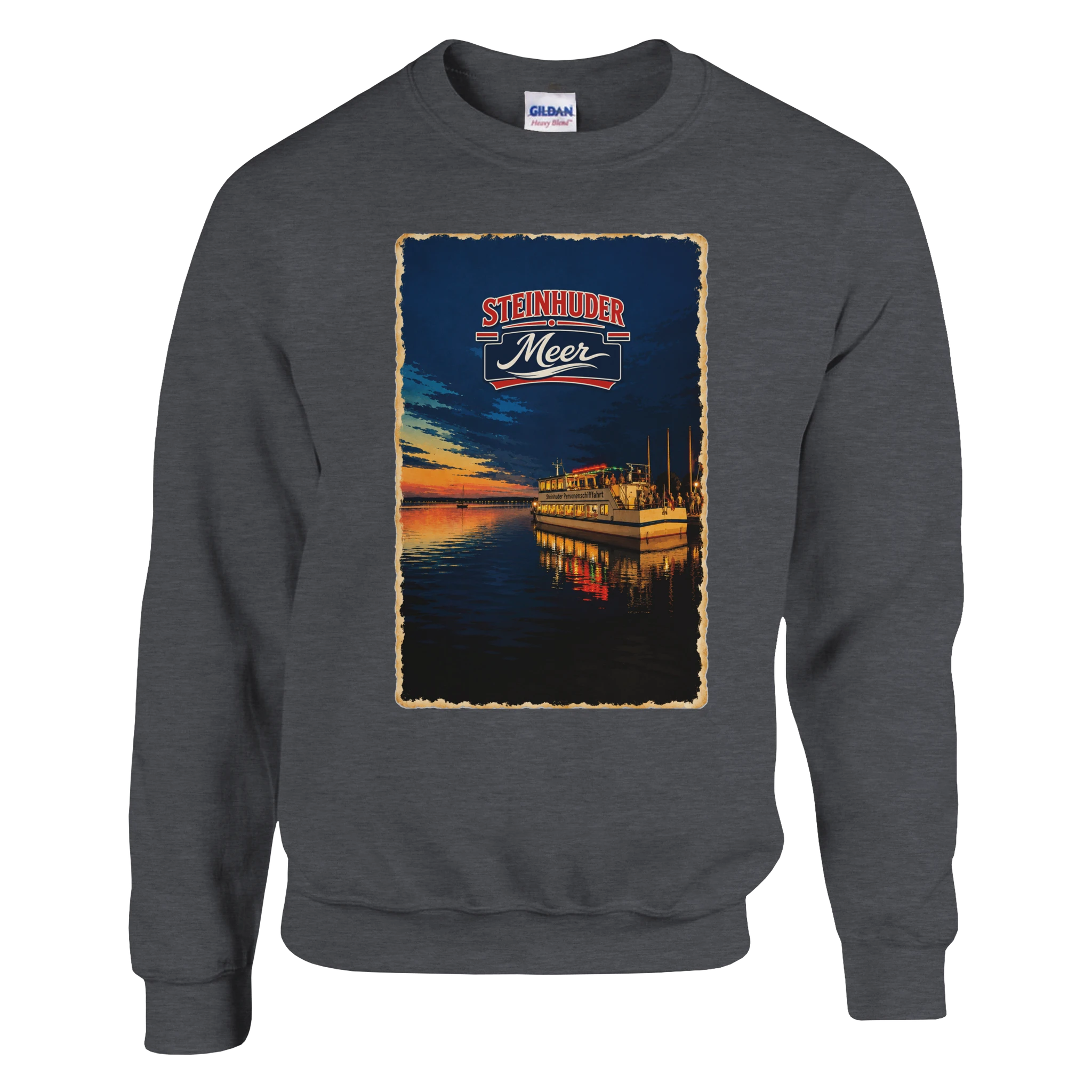 Pullover in Aschgrau mit Motiv „MS Steinhude Abendstimmung“