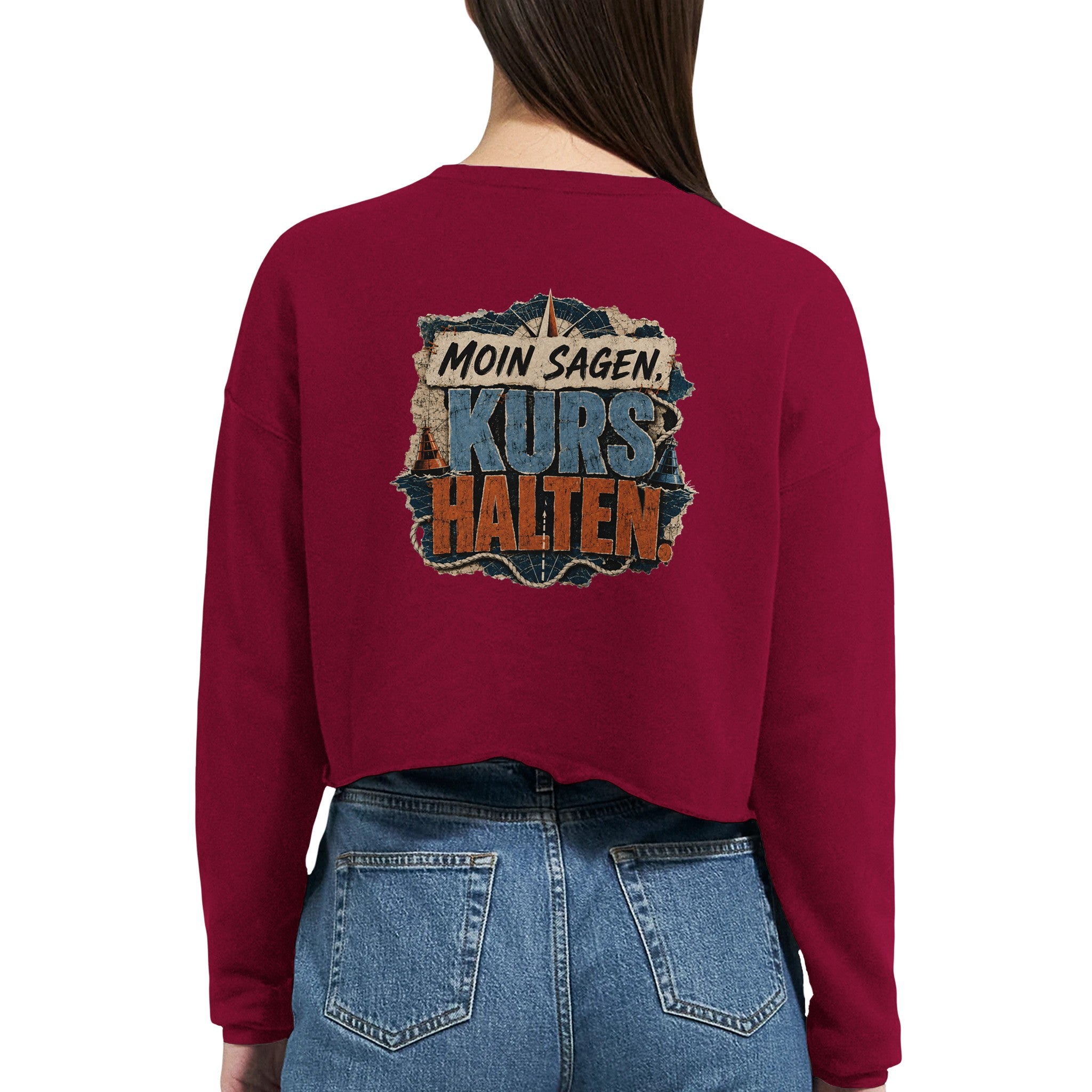 Damen-Pullover in Staubblau mit Motiv „Moin sagen. Kurs halten.“