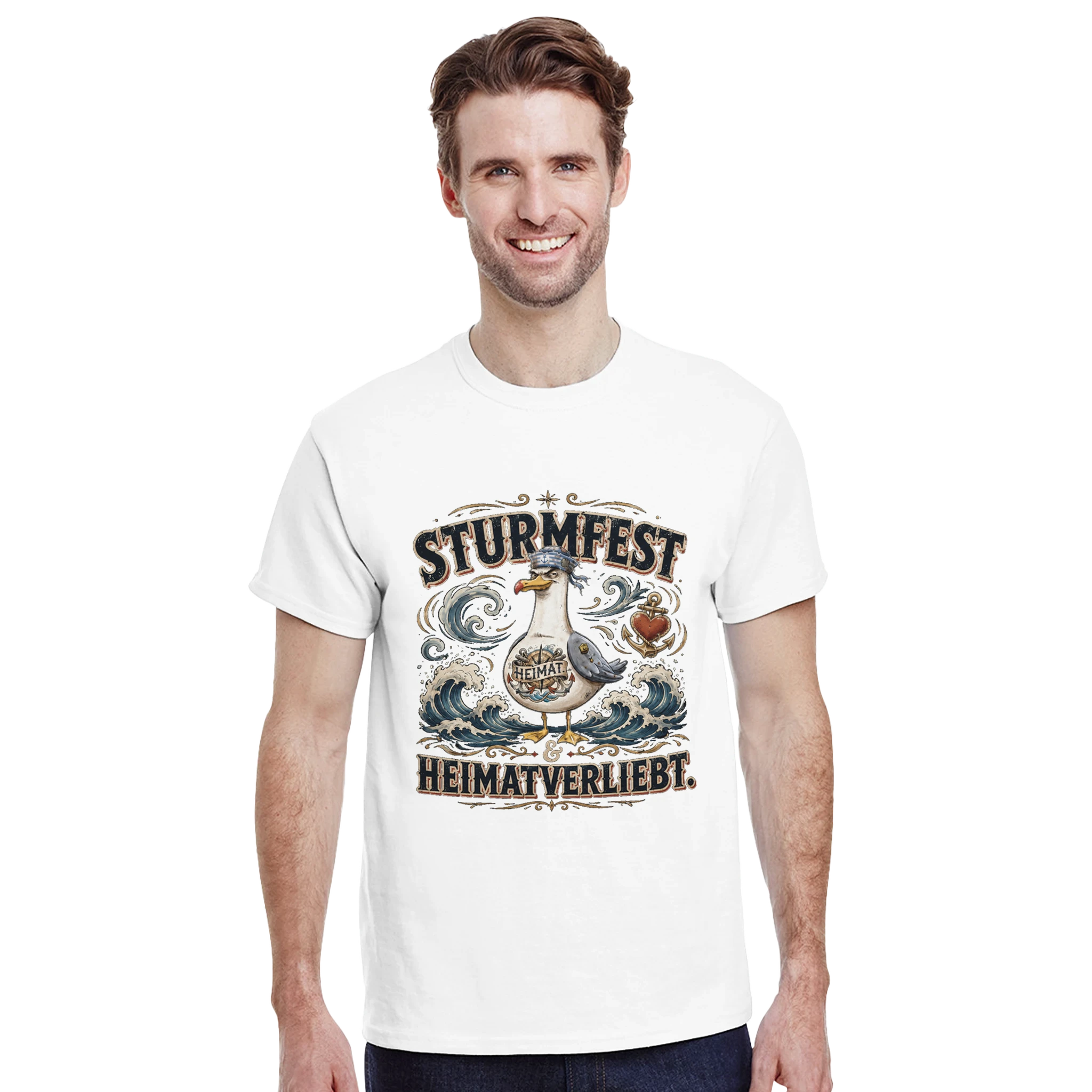 T-Shirt in Sand mit Motiv „Sturmfest & Heimatverliebt Möwe“