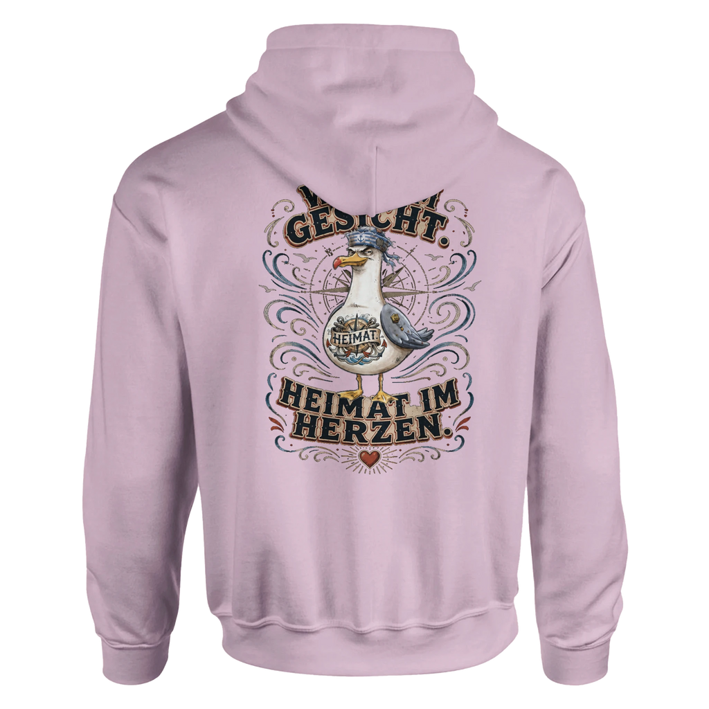 Hoodie in Weiß mit Motiv „Wind im Gesicht. Heimat im Herzen. Möwe“