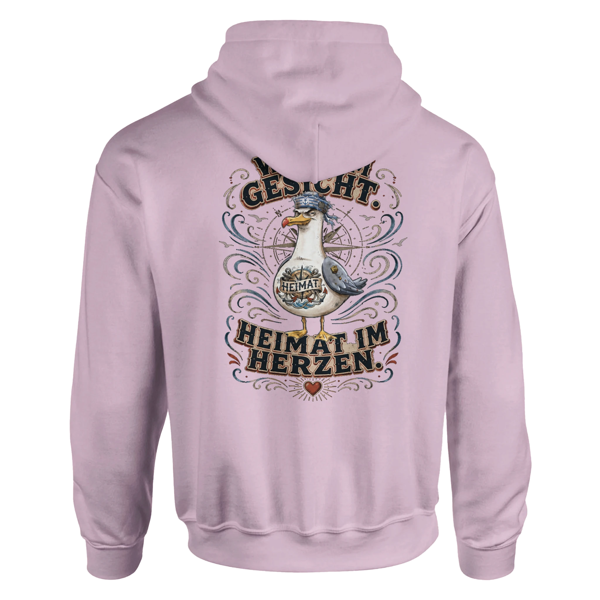 Hoodie in Weiß mit Motiv „Wind im Gesicht. Heimat im Herzen. Möwe“