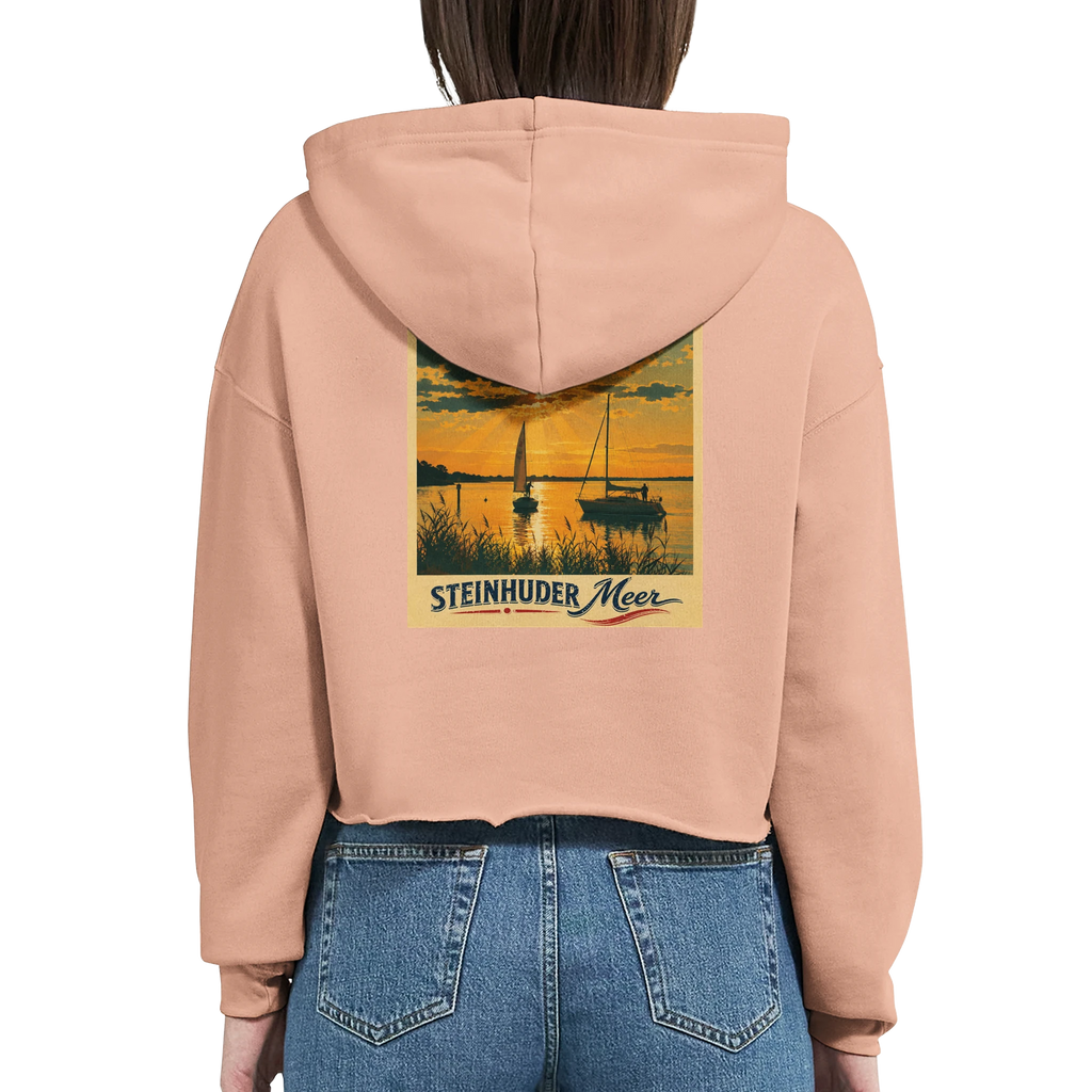 Damen-Hoodie in Pfirsich mit Motiv „Segler am Steinhuder Meer beim Sunset“