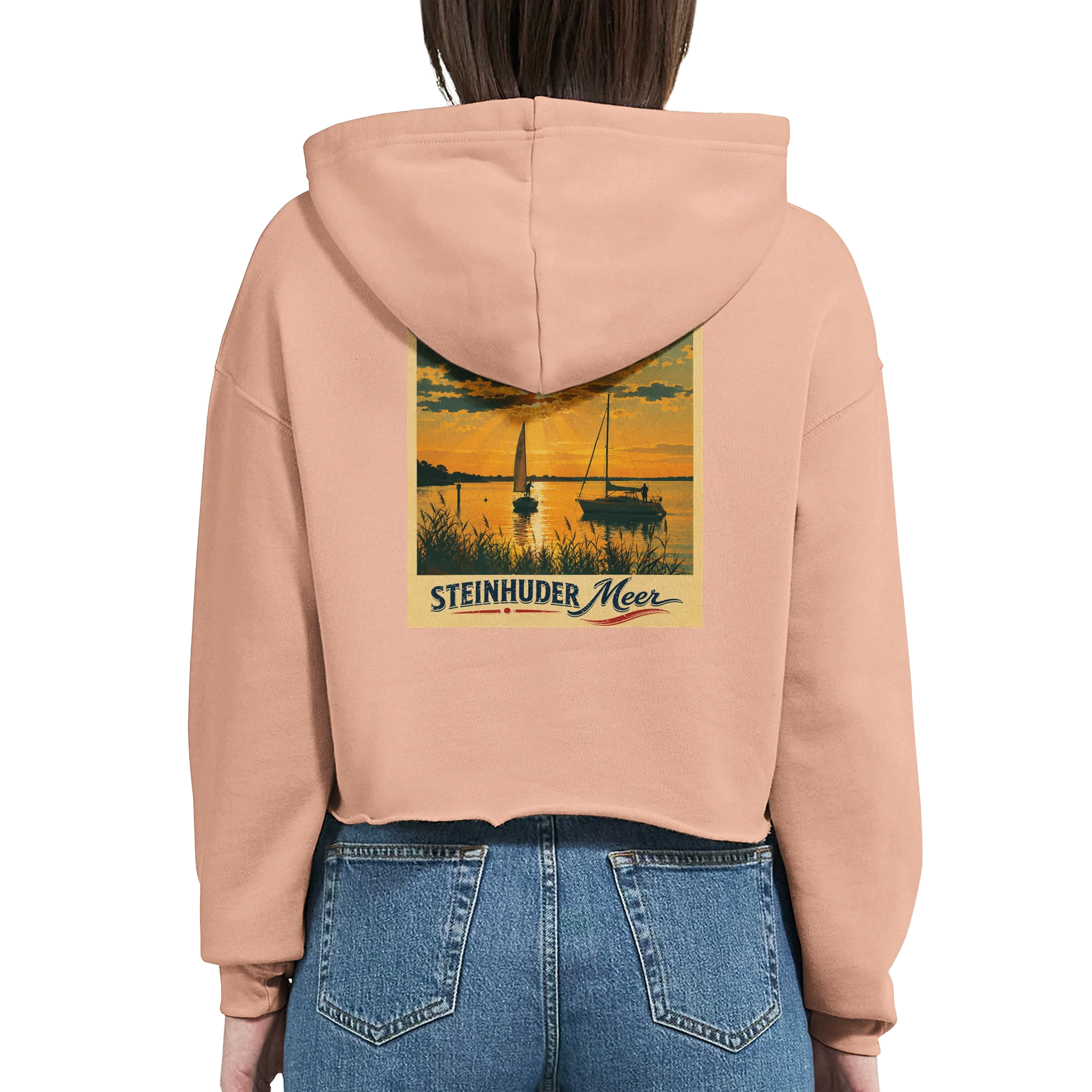 Damen-Hoodie in Pfirsich mit Motiv „Segler am Steinhuder Meer beim Sunset“