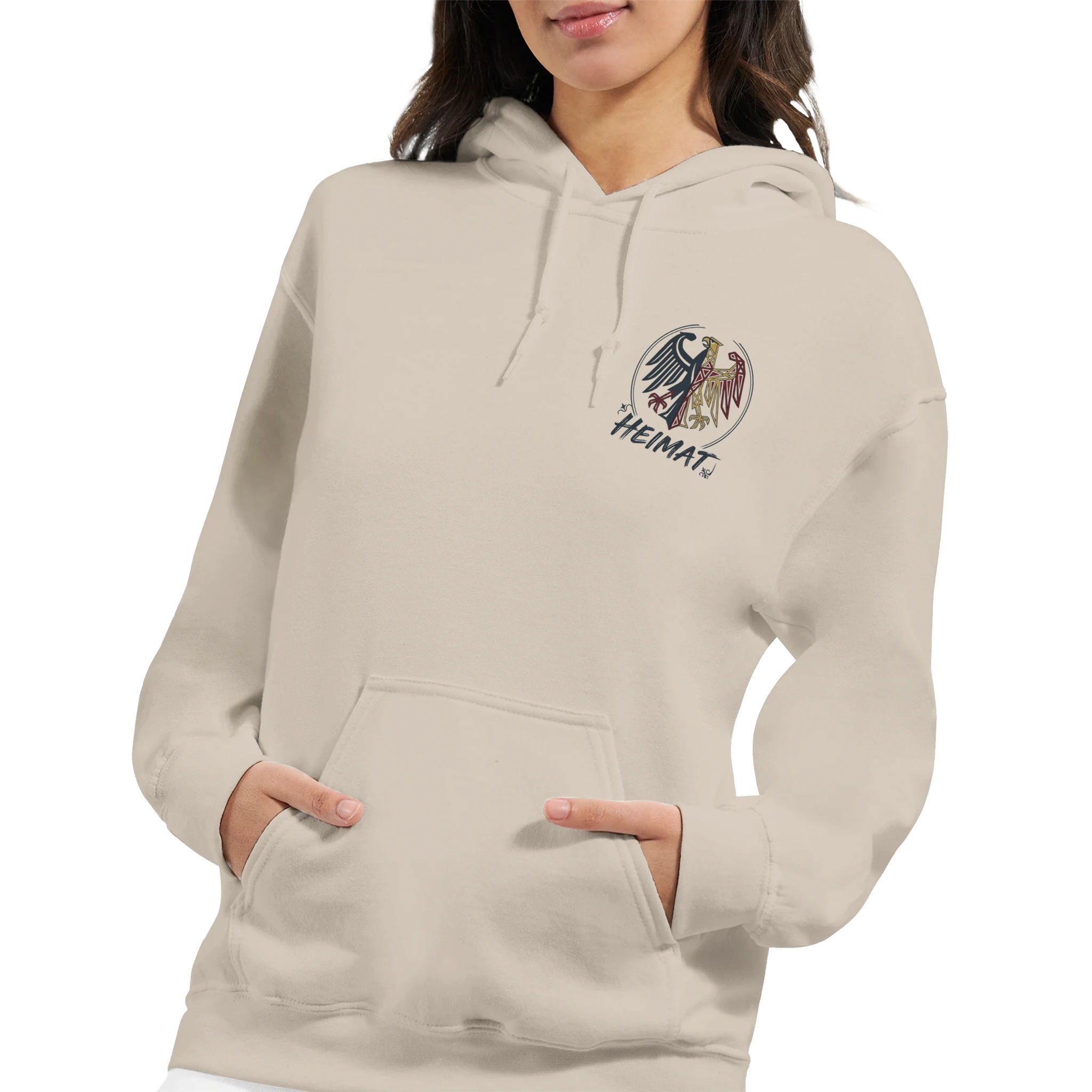 Hoodie in Sand mit Motiv „Sunset Ratskeller Steg - Steinhuder Meer“