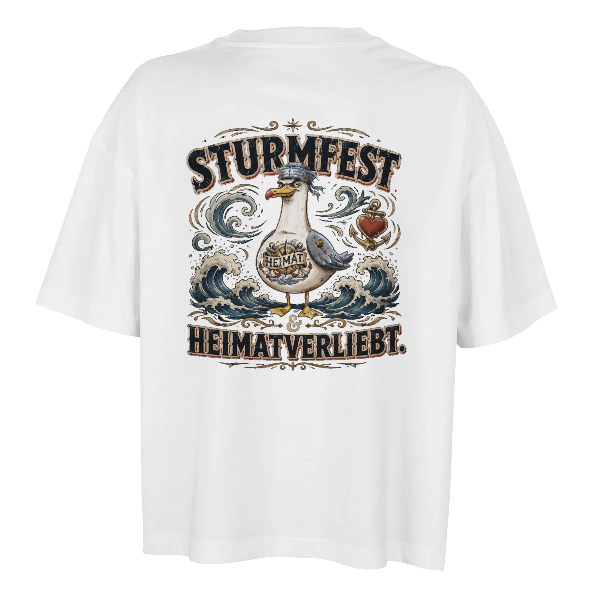 Damen-T-Shirt in Weiß mit Motiv „Sturmfest & Heimatverliebt Möwe“