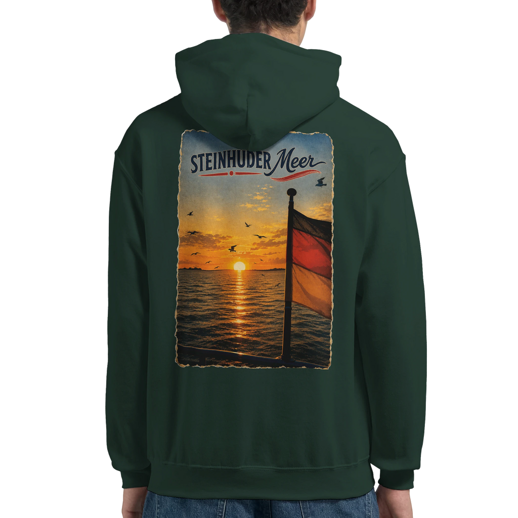 Hoodie in Aschgrau mit Motiv „Flagge und Sunset“