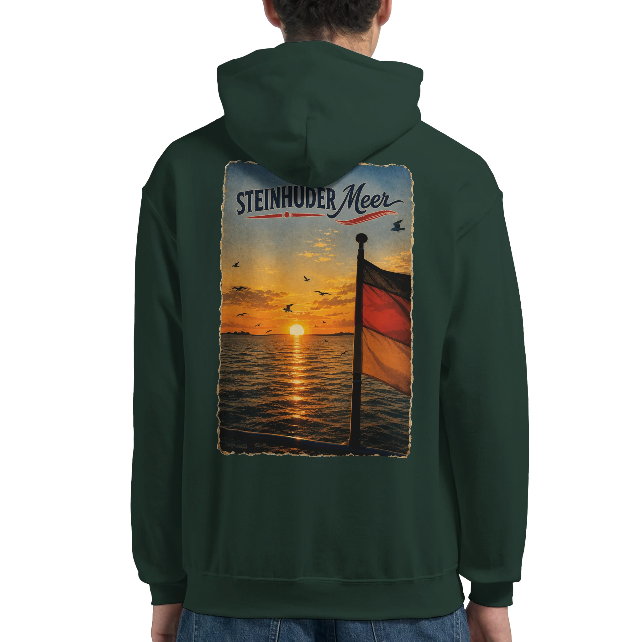 Hoodie in Aschgrau mit Motiv „Flagge und Sunset“