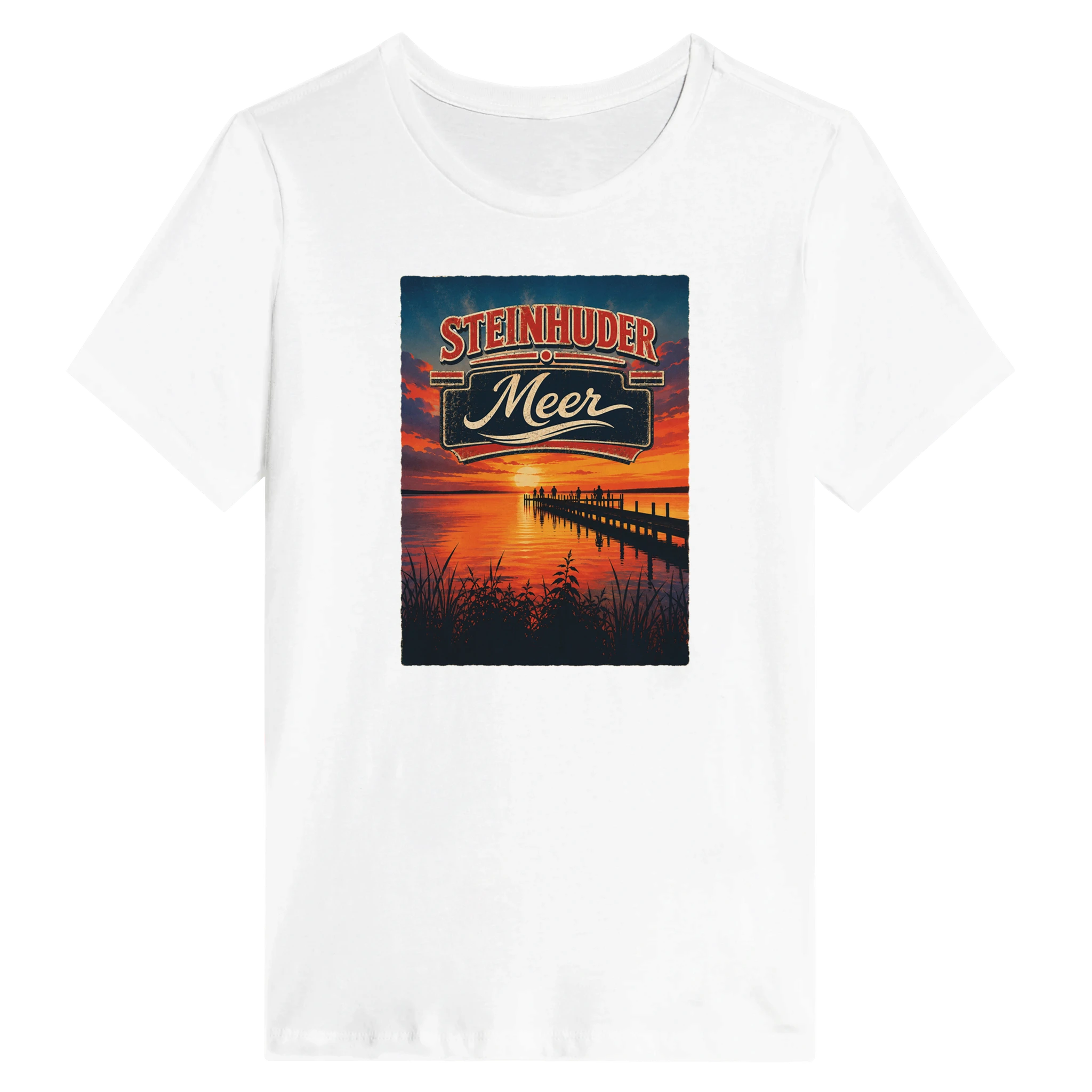 Damen-T-Shirt in Weiß mit Motiv „Sunset Ratskeller Steg am Steinhuder Meer“