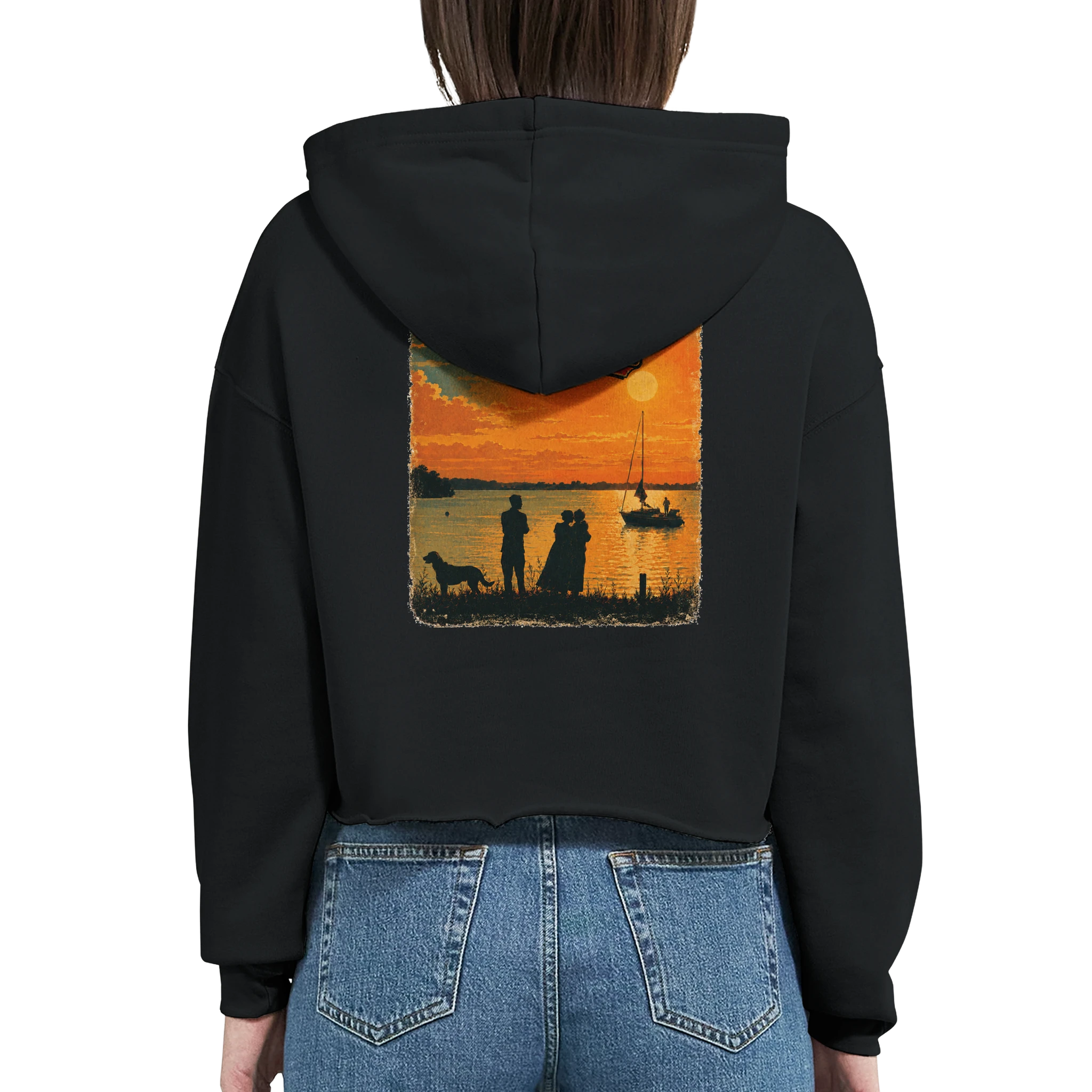 Damen-Hoodie in Pfirsich mit Motiv „Familie beim Sunset“
