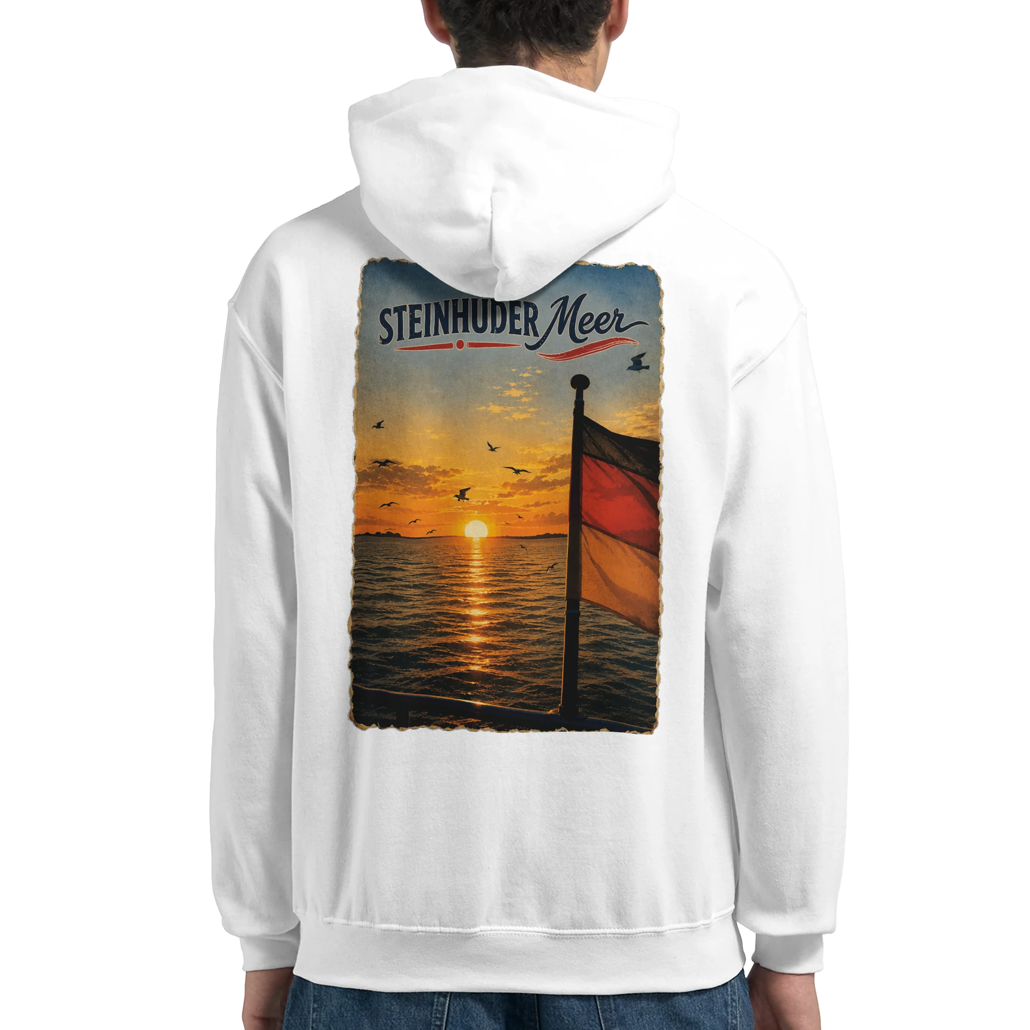 Hoodie in Weiß mit Motiv „Flagge und Sunset“