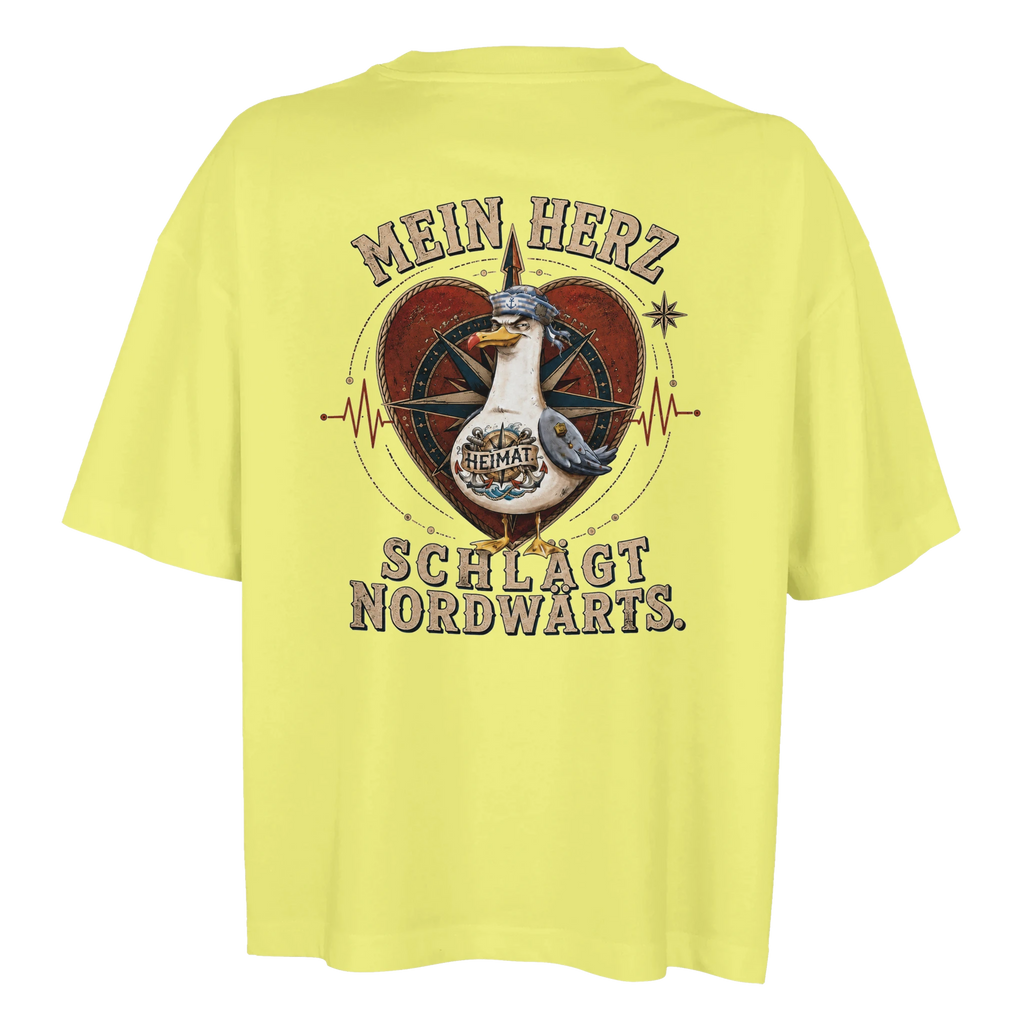 Damen-T-Shirt in Weiß mit Motiv „Mein Herz schlägt NORDWÄRTS. Möwe“