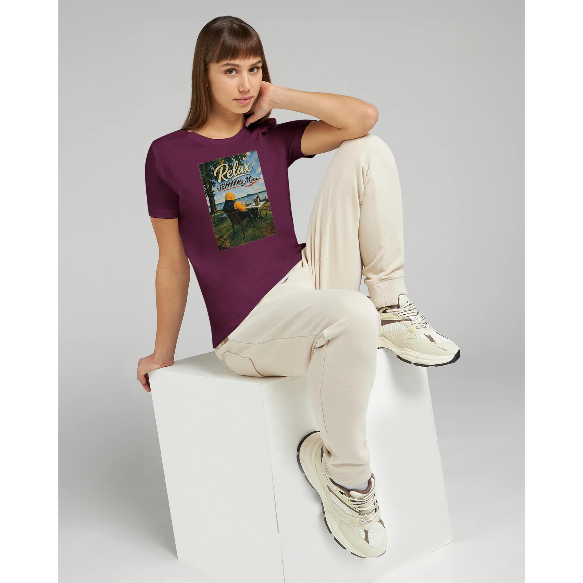 Damen-T-Shirt in Zitronengelb mit Motiv „Relax und Champagner“