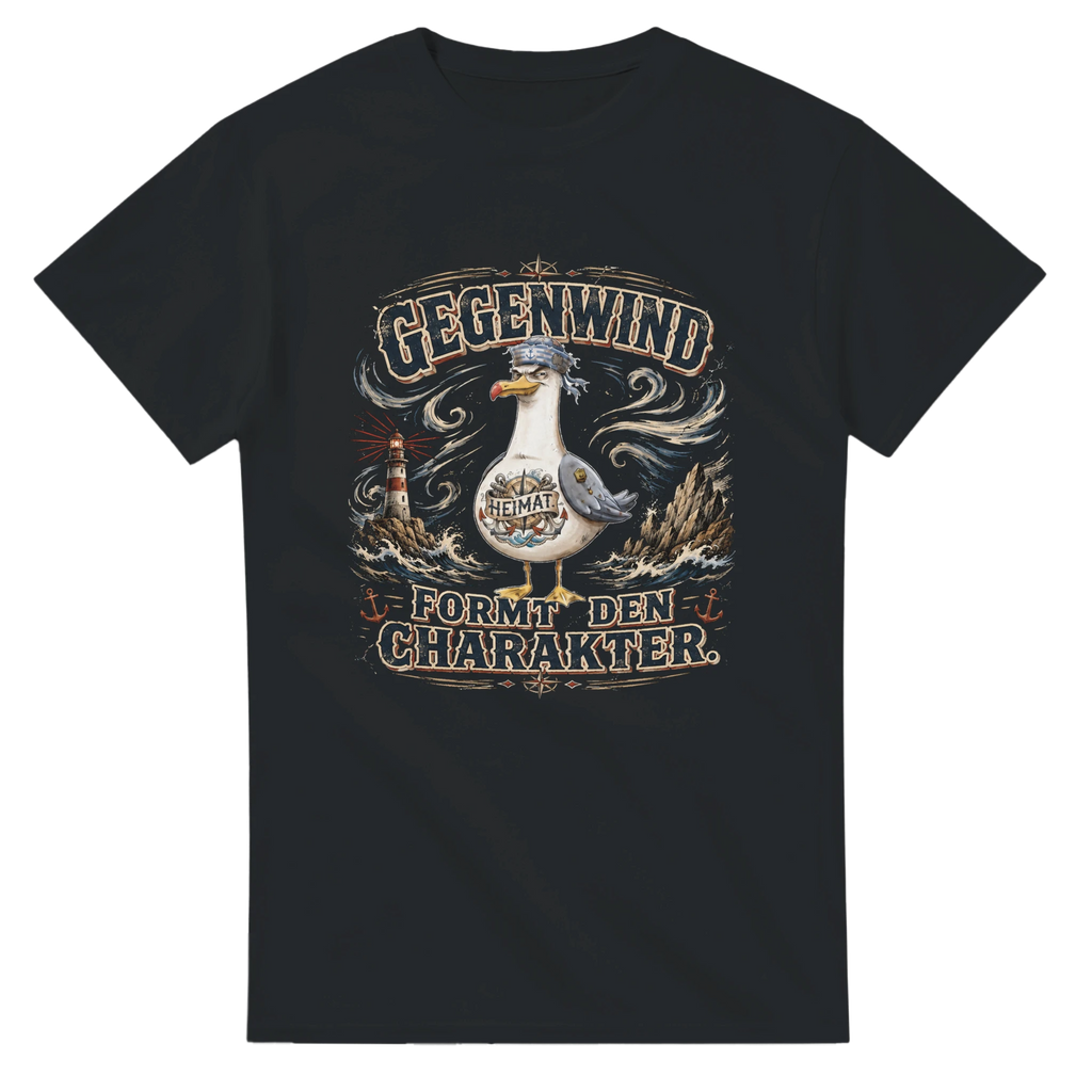 T-Shirt in Natur mit Motiv „Gegenwind formt den Charakter Typisch Norddeutsch“