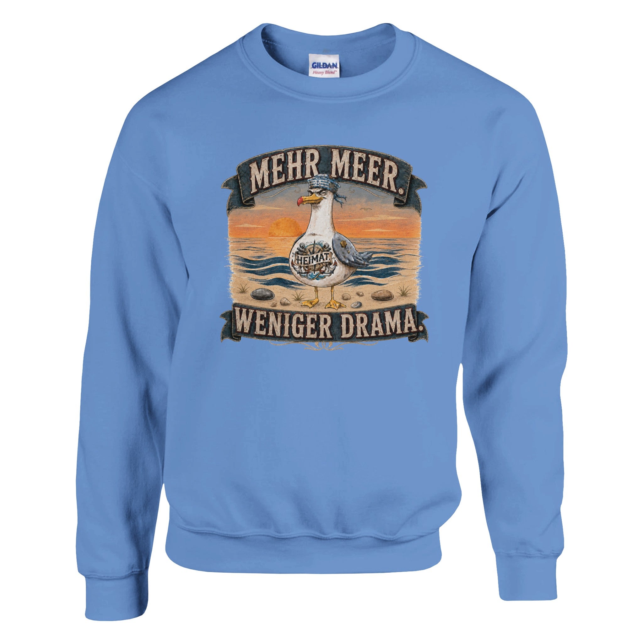 Pullover in Weiß mit Motiv „Mehr Meer. Weniger Drama.“