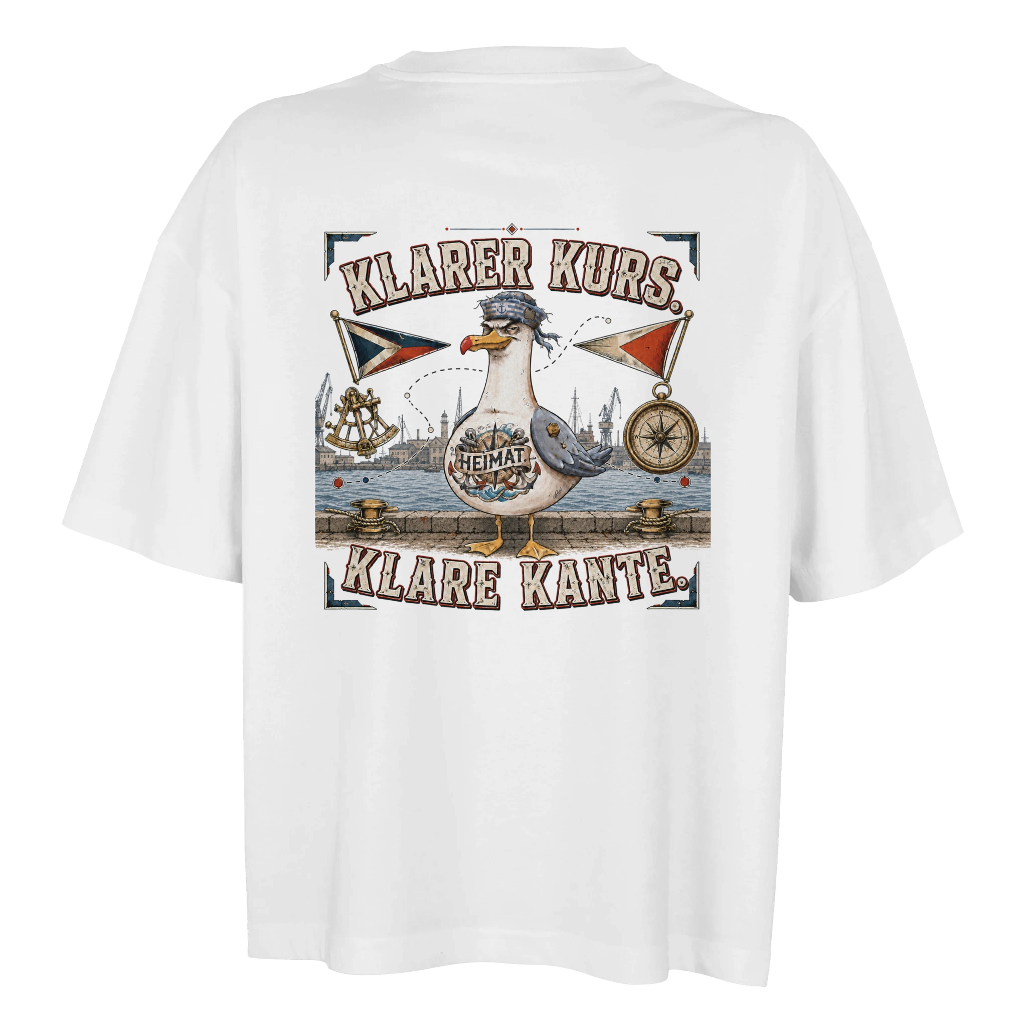 Damen-T-Shirt in Weiß mit Motiv „Klarer Kurs. Klare Kante. Möwe“