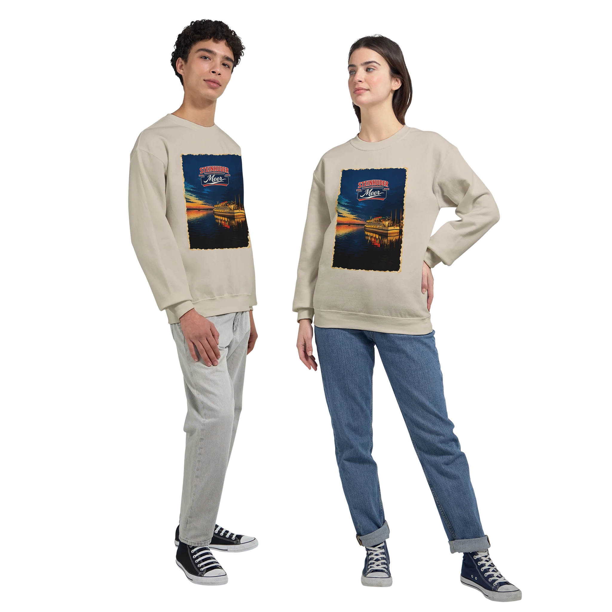 Pullover in Aschgrau mit Motiv „MS Steinhude Abendstimmung“