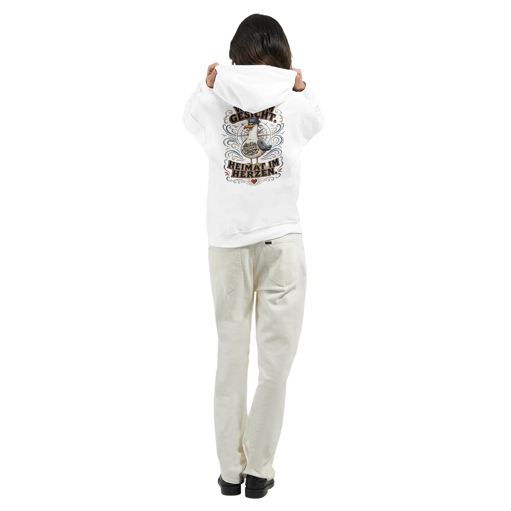 Hoodie in Hellrosa mit Motiv „Wind im Gesicht. Heimat im Herzen. Möwe“