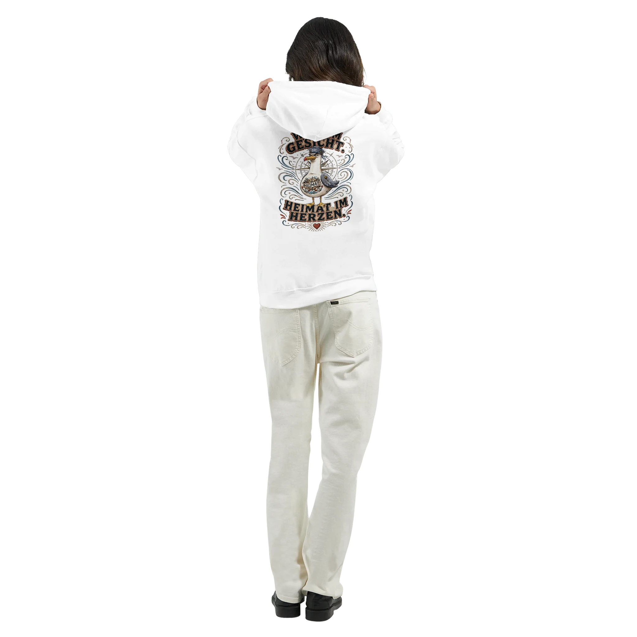 Hoodie in Hellrosa mit Motiv „Wind im Gesicht. Heimat im Herzen. Möwe“