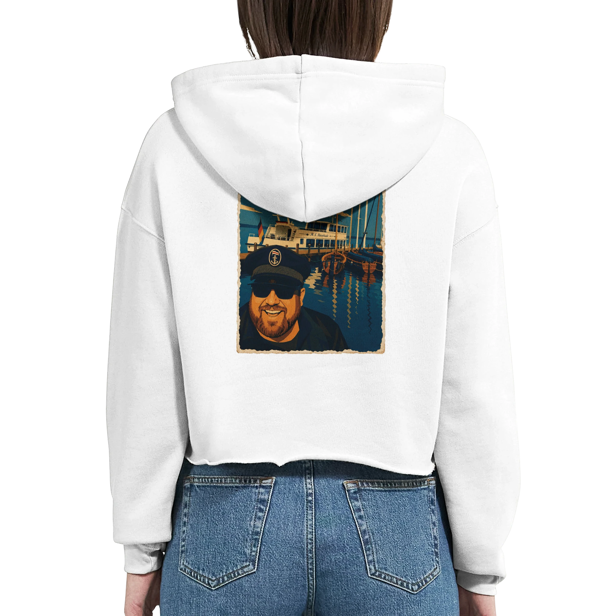 Damen-Hoodie in Weiß mit Motiv „Kapitän an Bord“