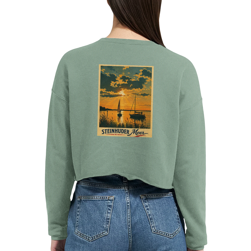 Damen-Pullover in Staubblau mit Motiv „Segler am Steinhuder Meer beim Sunset“