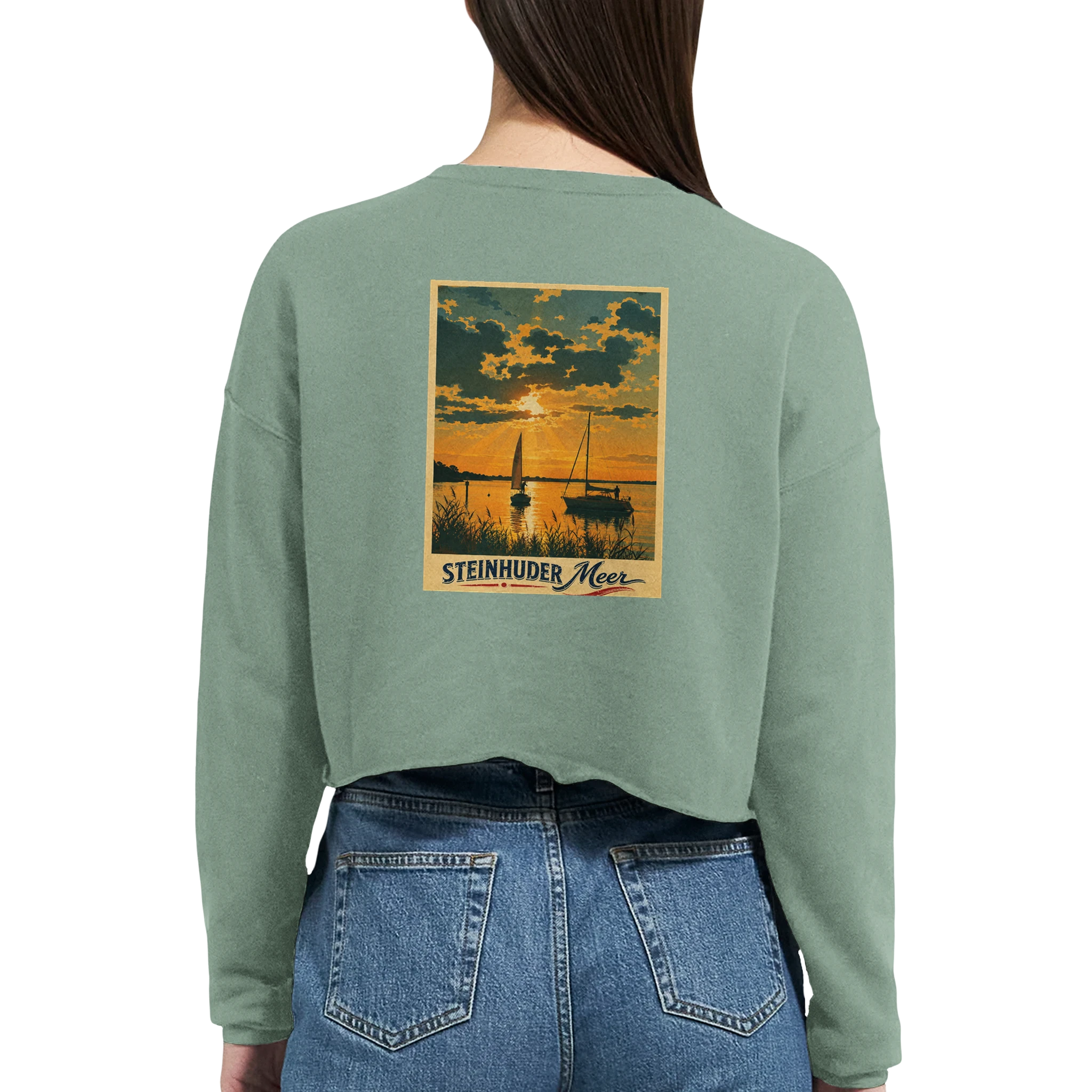 Damen-Pullover in Staubblau mit Motiv „Segler am Steinhuder Meer beim Sunset“