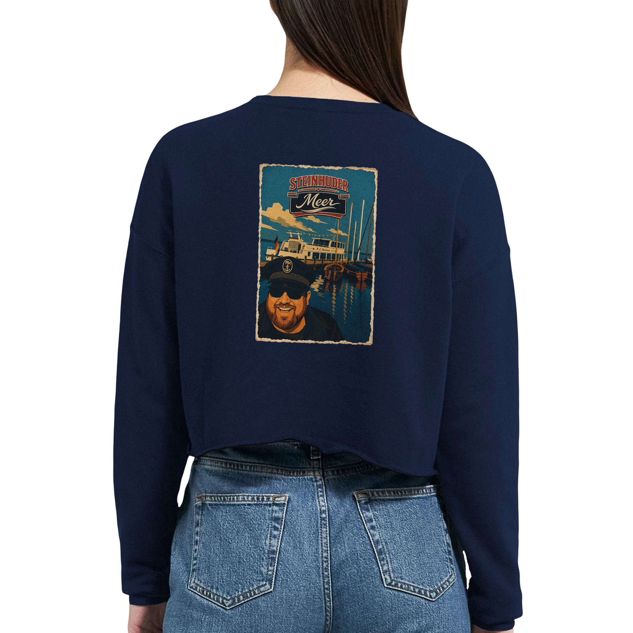 Damen-Pullover in Staubblau mit Motiv „Kapitän an Bord“