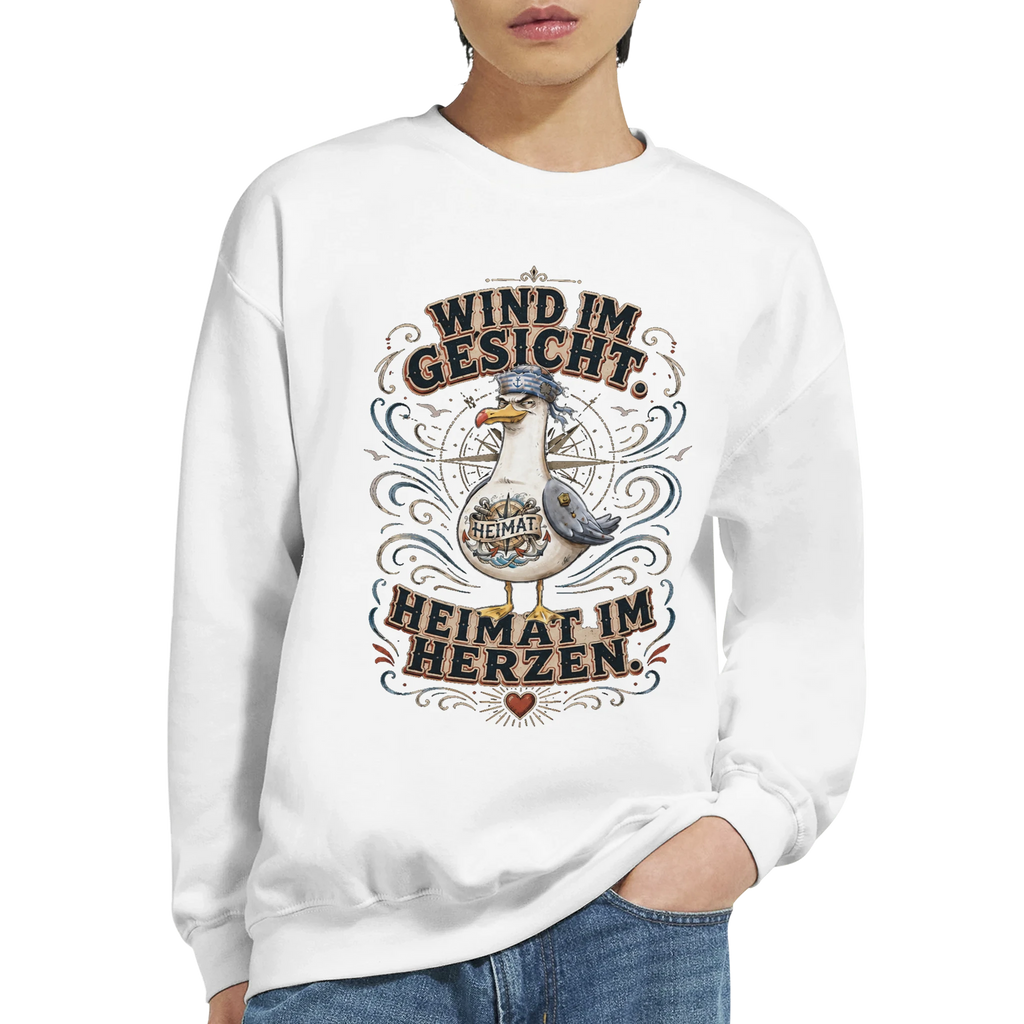 Pullover in Sand mit Motiv „Wind im Gesicht. Heimat im Herzen. Möwe“