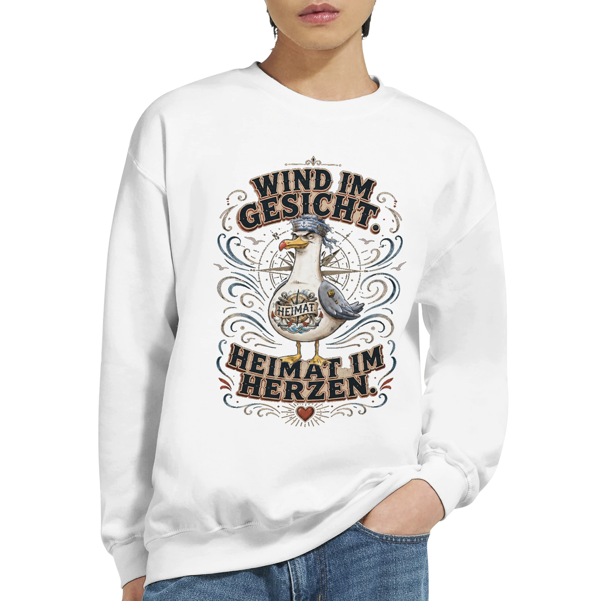 Pullover in Sand mit Motiv „Wind im Gesicht. Heimat im Herzen. Möwe“