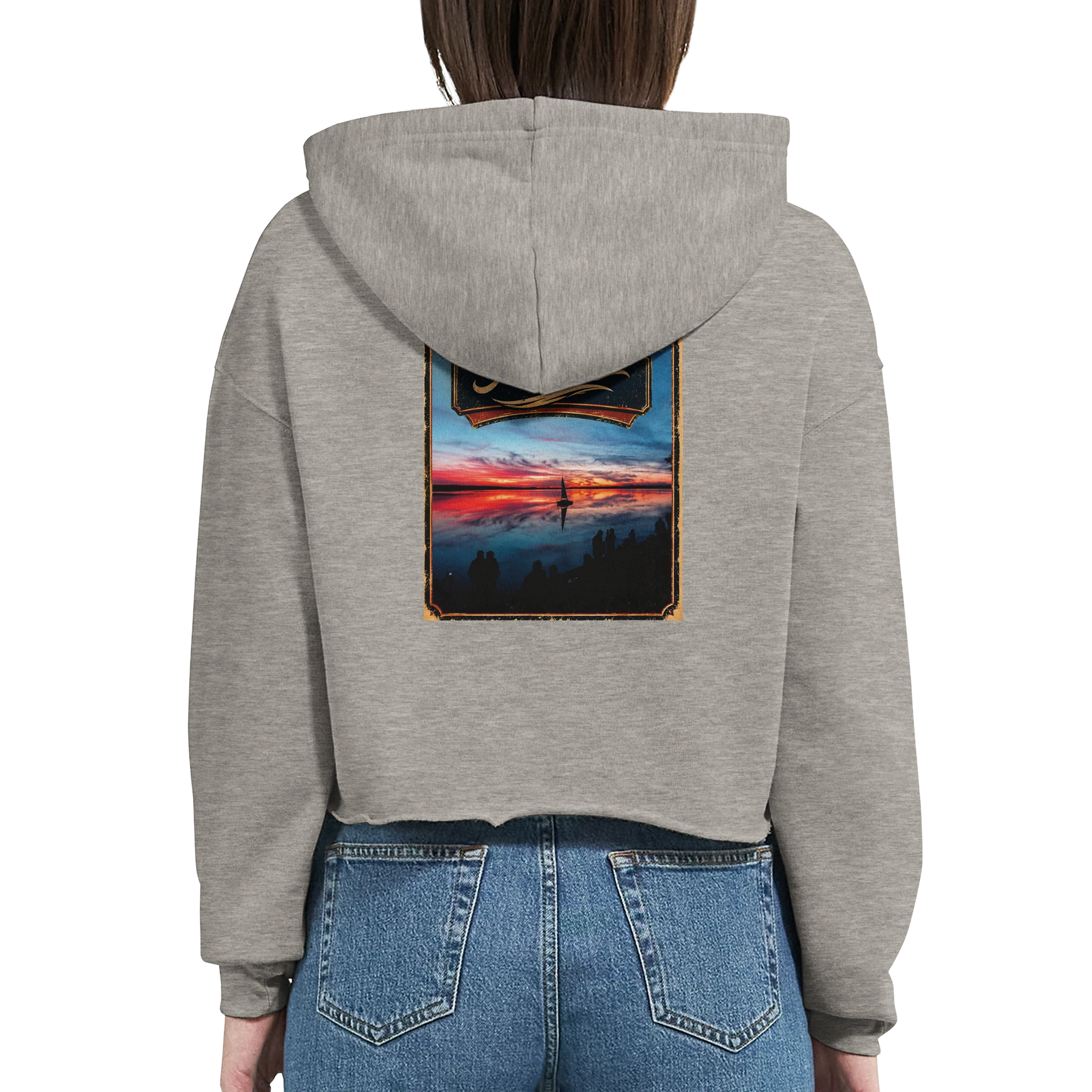 Damen-Hoodie in Pfirsich mit Motiv „Sunset mit Segler am Wilhelmstein – Steinhuder Meer“