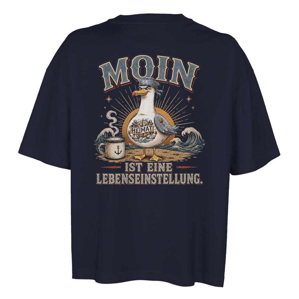 Damen-T-Shirt in Weiß mit Motiv „Moin ist eine Lebenseinstellung Möwe“