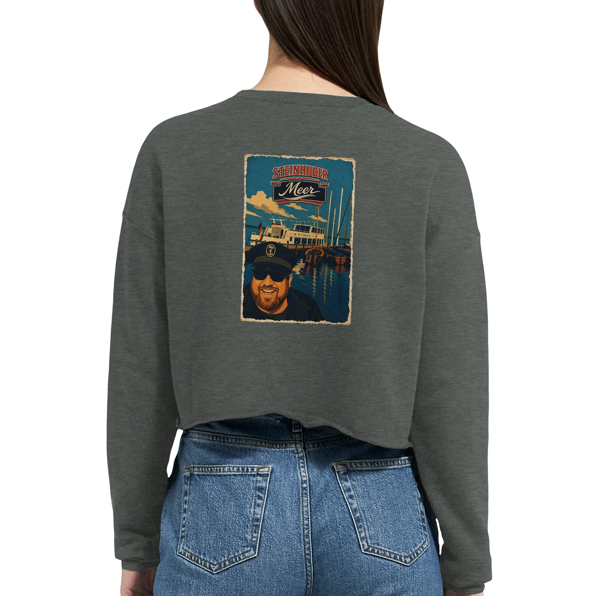 Damen-Pullover in Staubblau mit Motiv „Kapitän an Bord“