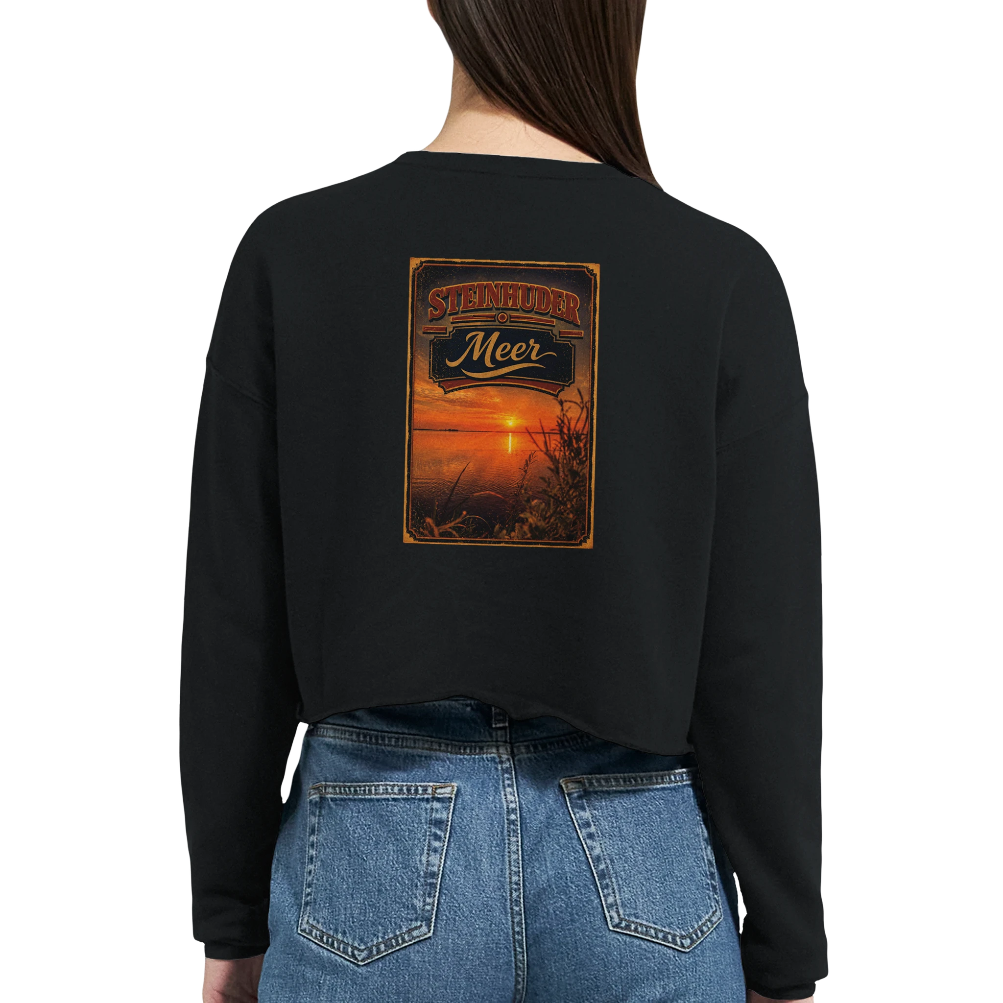 Damen-Pullover in Staubblau mit Motiv „Sunset am Steinhuder Meer“