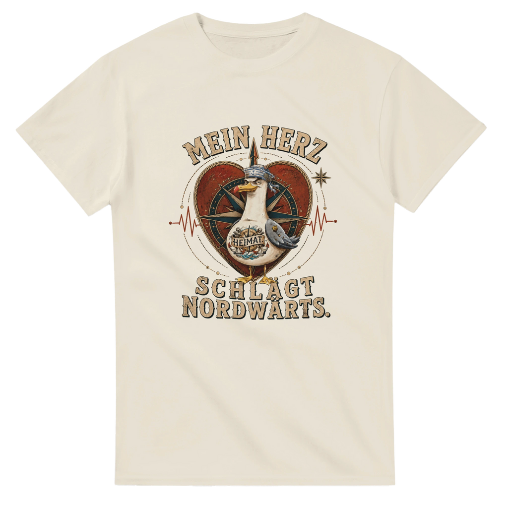 T-Shirt in Weiß mit Motiv „Mein Herz schlägt NORDWÄRTS. Möwe“