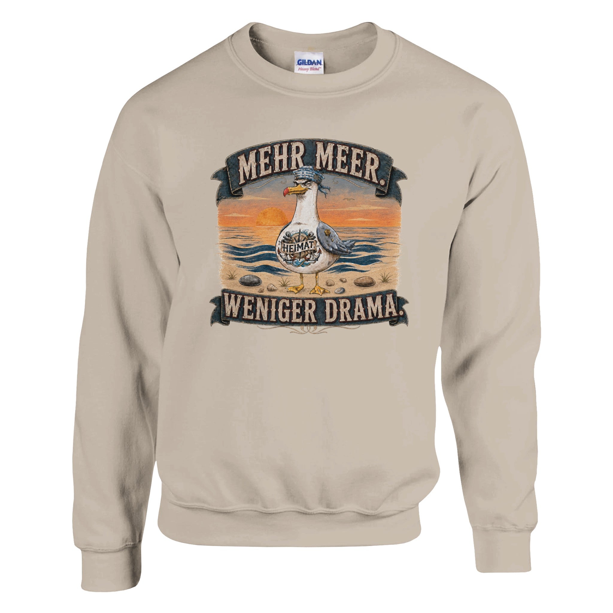 Pullover in Weiß mit Motiv „Mehr Meer. Weniger Drama.“