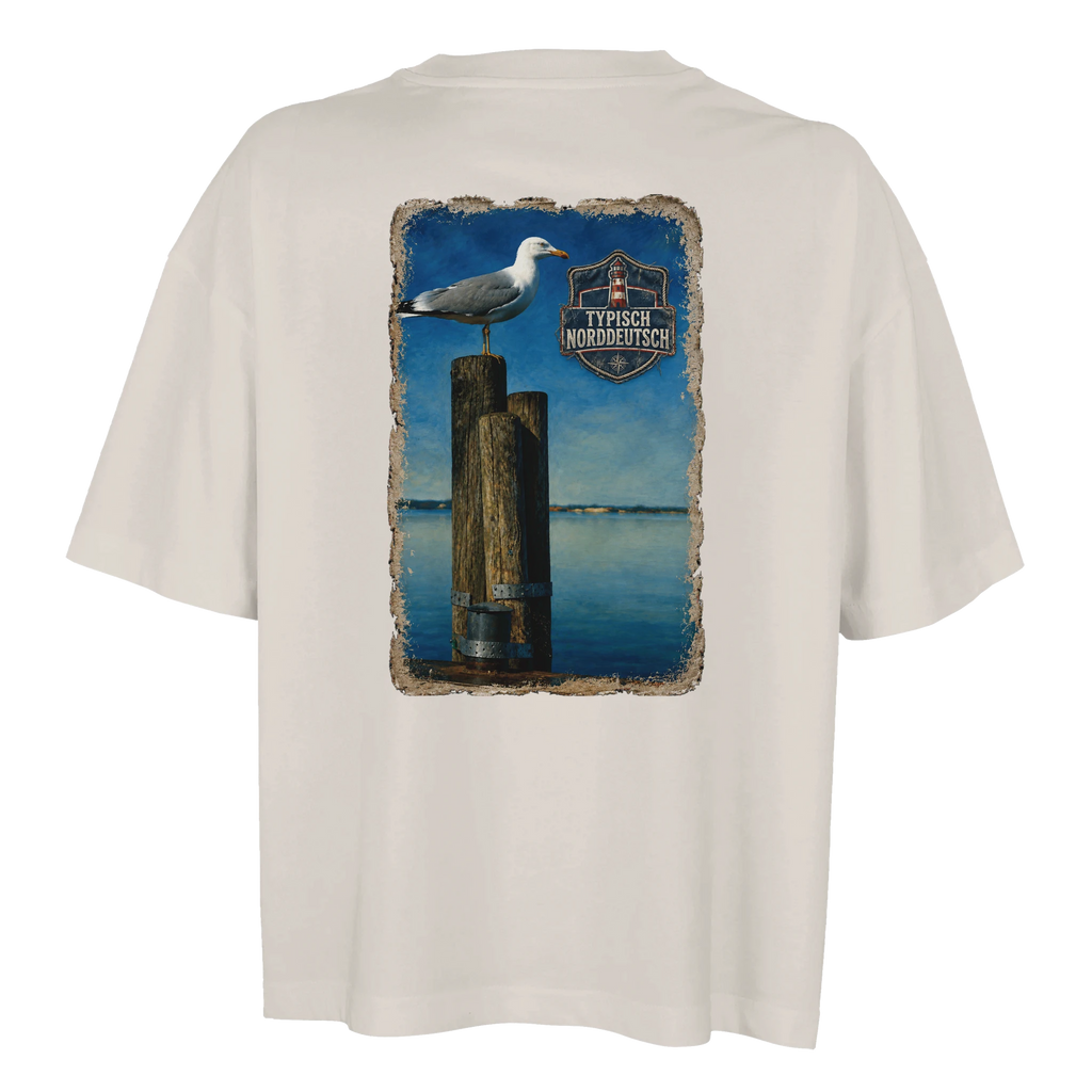 Damen-T-Shirt in Weiß mit Motiv „Möwe auf Poller“