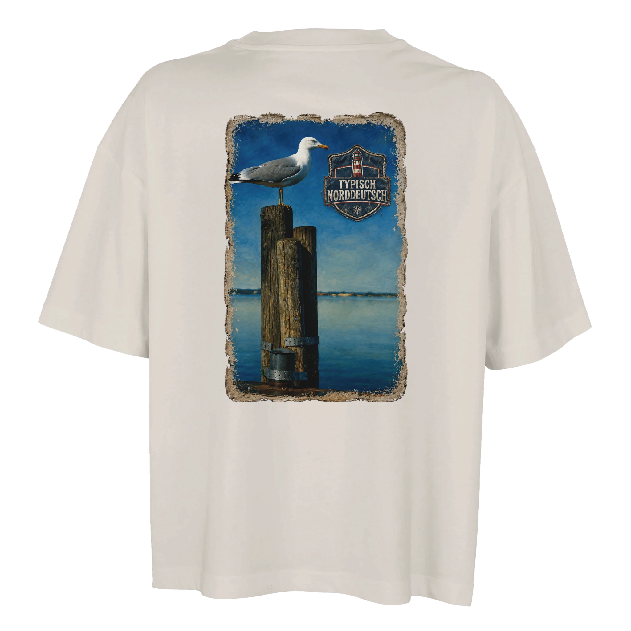 Damen-T-Shirt in Weiß mit Motiv „Möwe auf Poller“