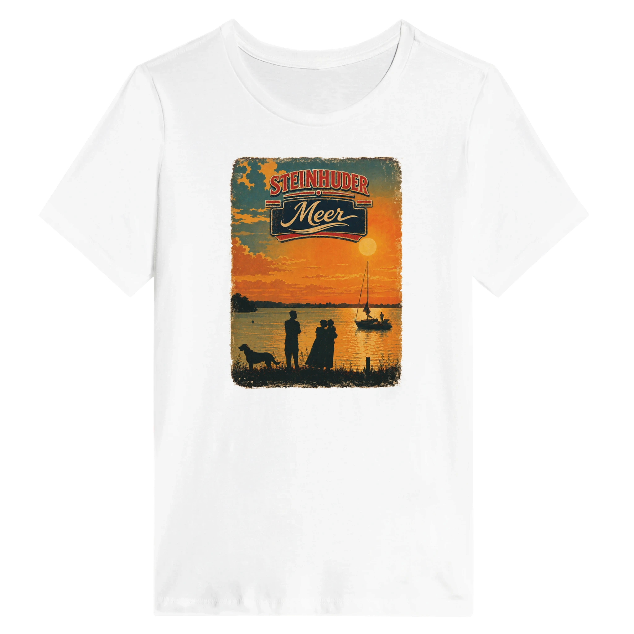 Damen-T-Shirt in Weiß mit Motiv „Familie am Steinhuder Meer beim Sunset“