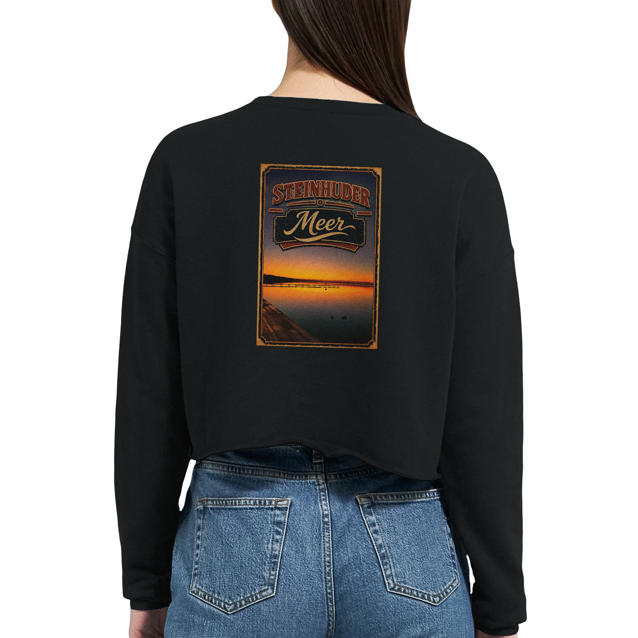 Damen-Pullover in Staubblau mit Motiv „Steg an der Planke“