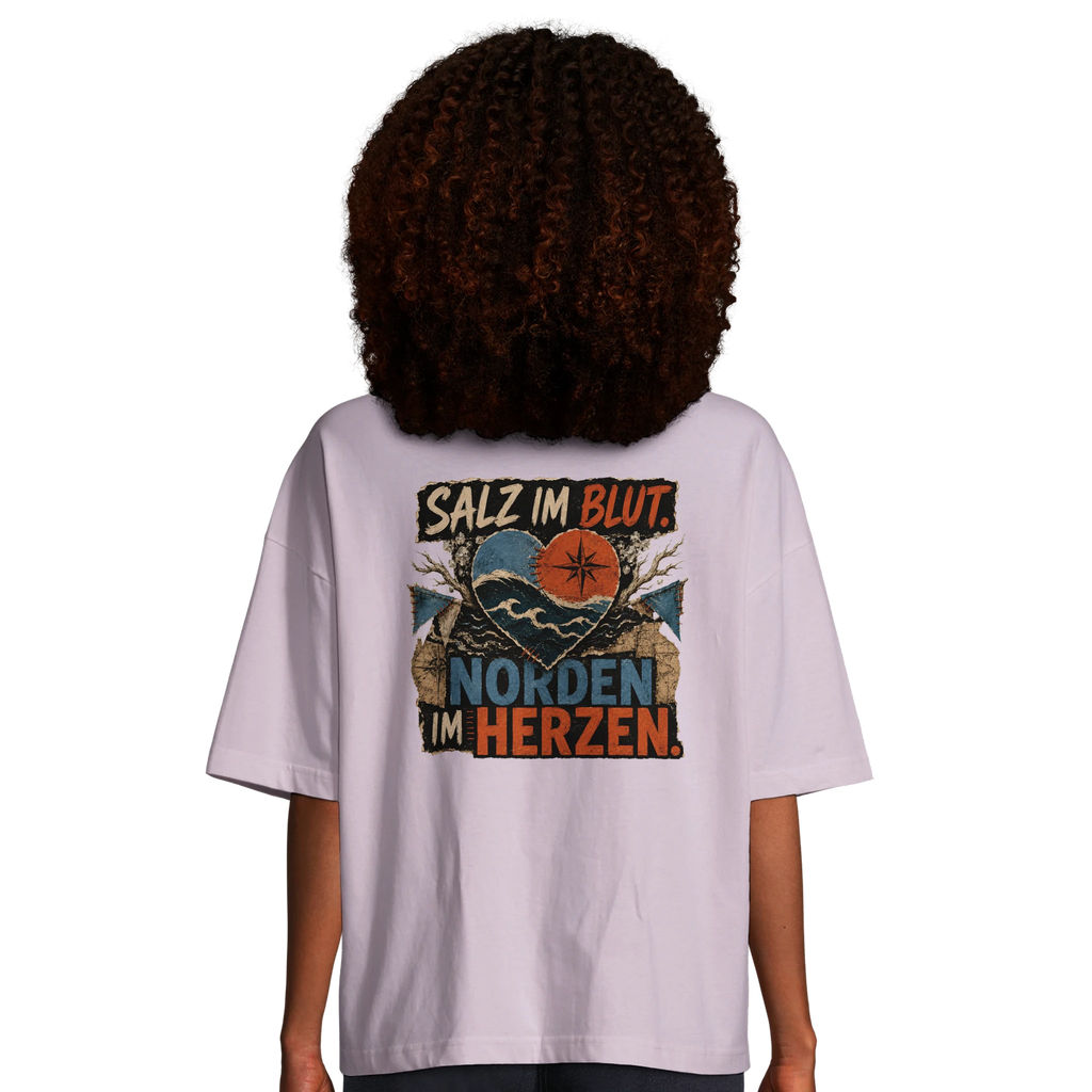 Damen-T-Shirt in Hellgelb mit Motiv „Salz im Blut. Norden im Herzen.“