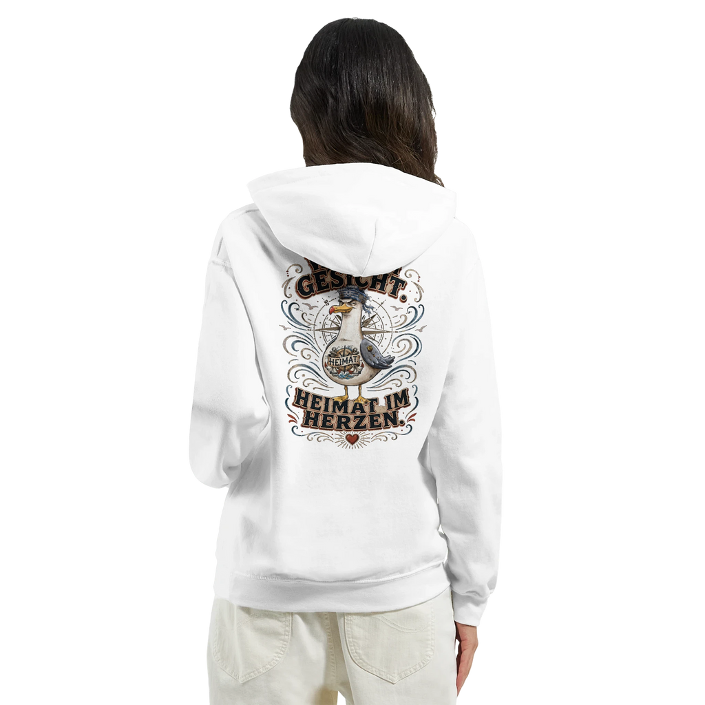 Hoodie in Sand mit Motiv „Wind im Gesicht. Heimat im Herzen. Möwe“