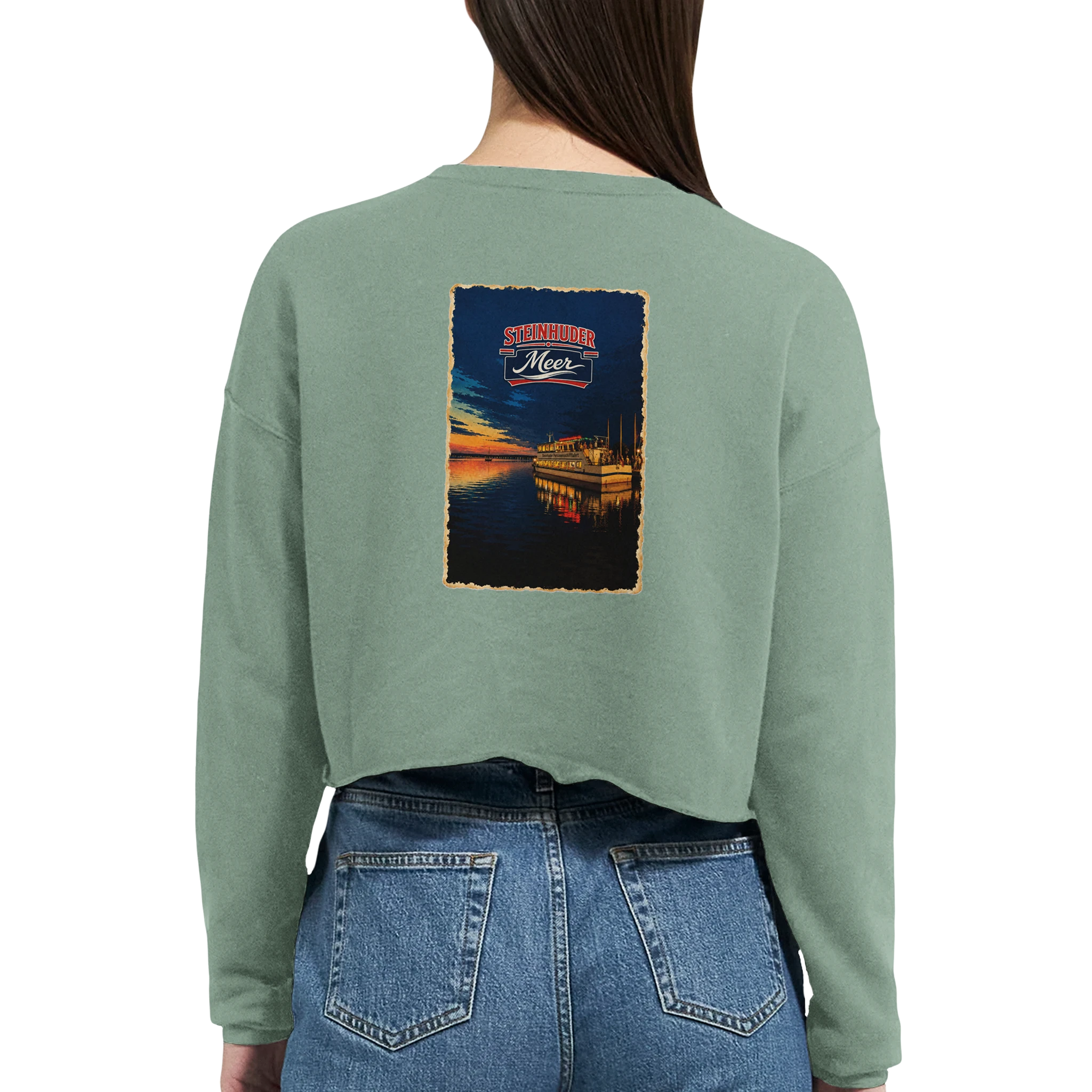 Damen-Pullover in Staubblau mit Motiv „MS Steinhude Abendstimmung“
