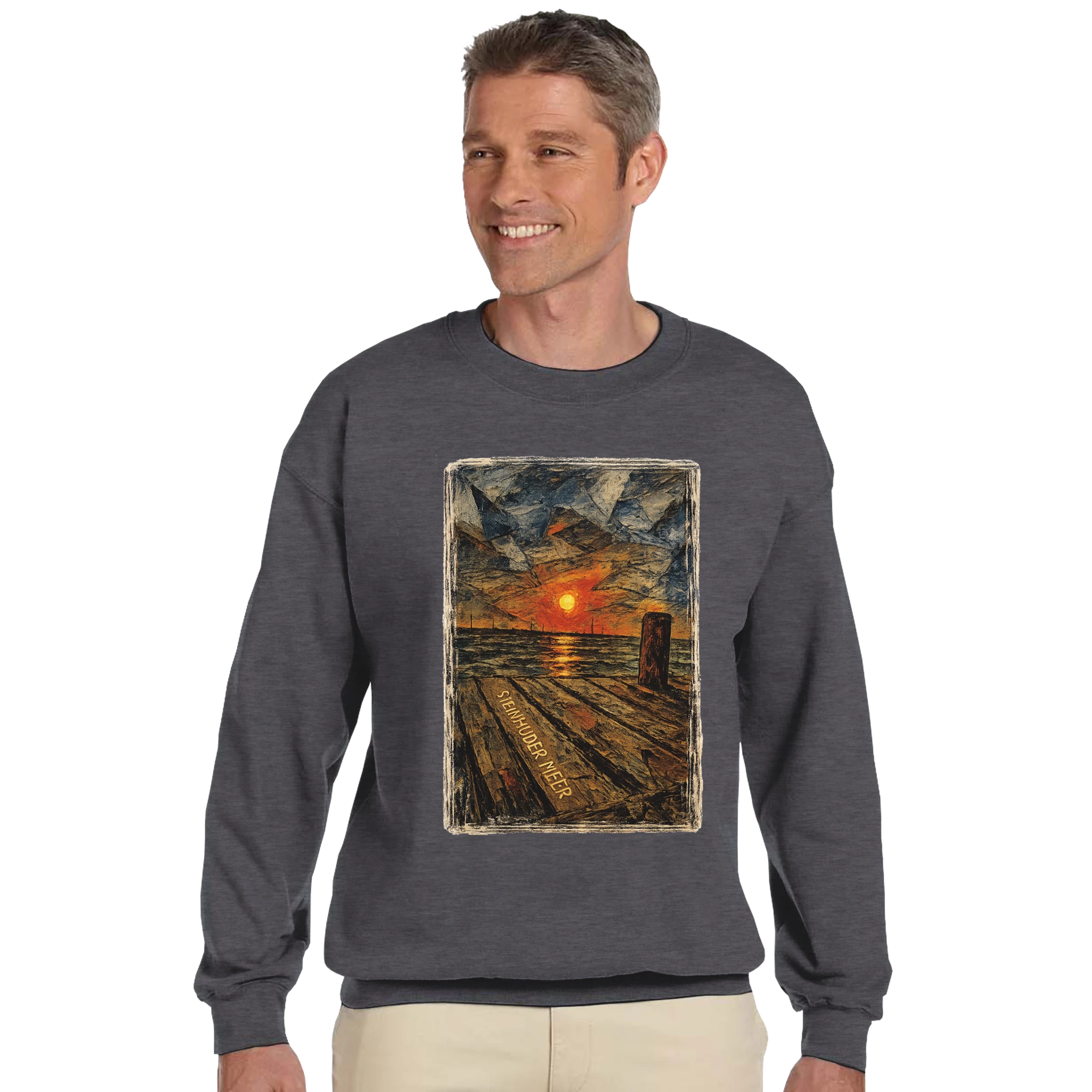 Pullover in Aschgrau mit Motiv „Steinhuder Meer Kunst“