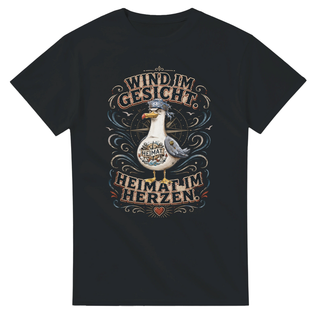 T-Shirt in Weiß mit Motiv „Wind im Gesicht. Heimat im Herzen. Möwe“