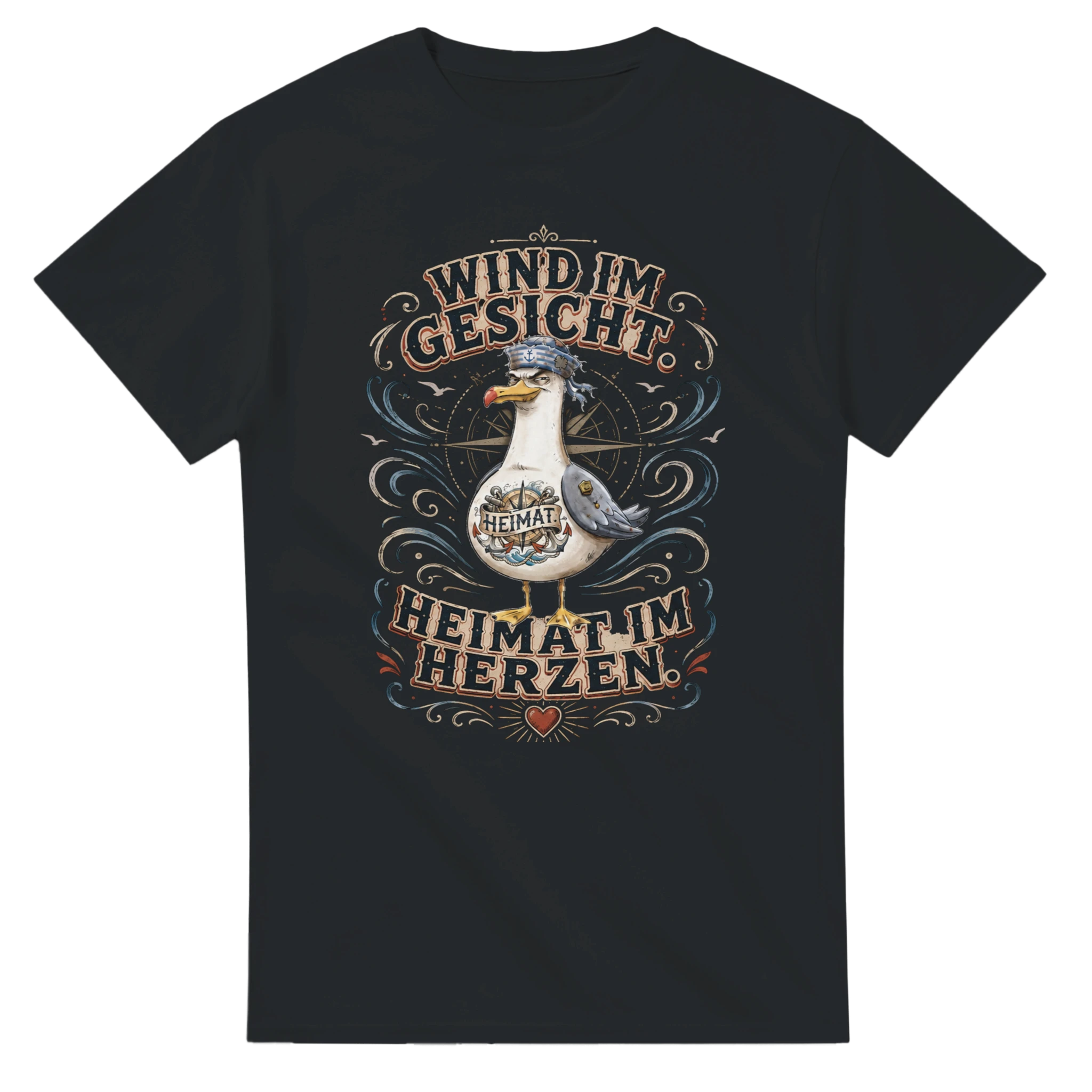T-Shirt in Weiß mit Motiv „Wind im Gesicht. Heimat im Herzen. Möwe“