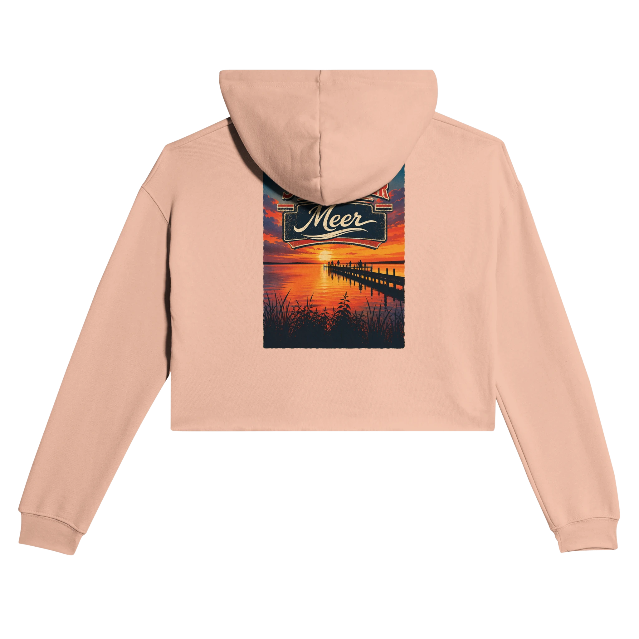 Damen-Hoodie in Pfirsich mit Motiv „Sunset Ratskeller Steg am Steinhuder Meer“