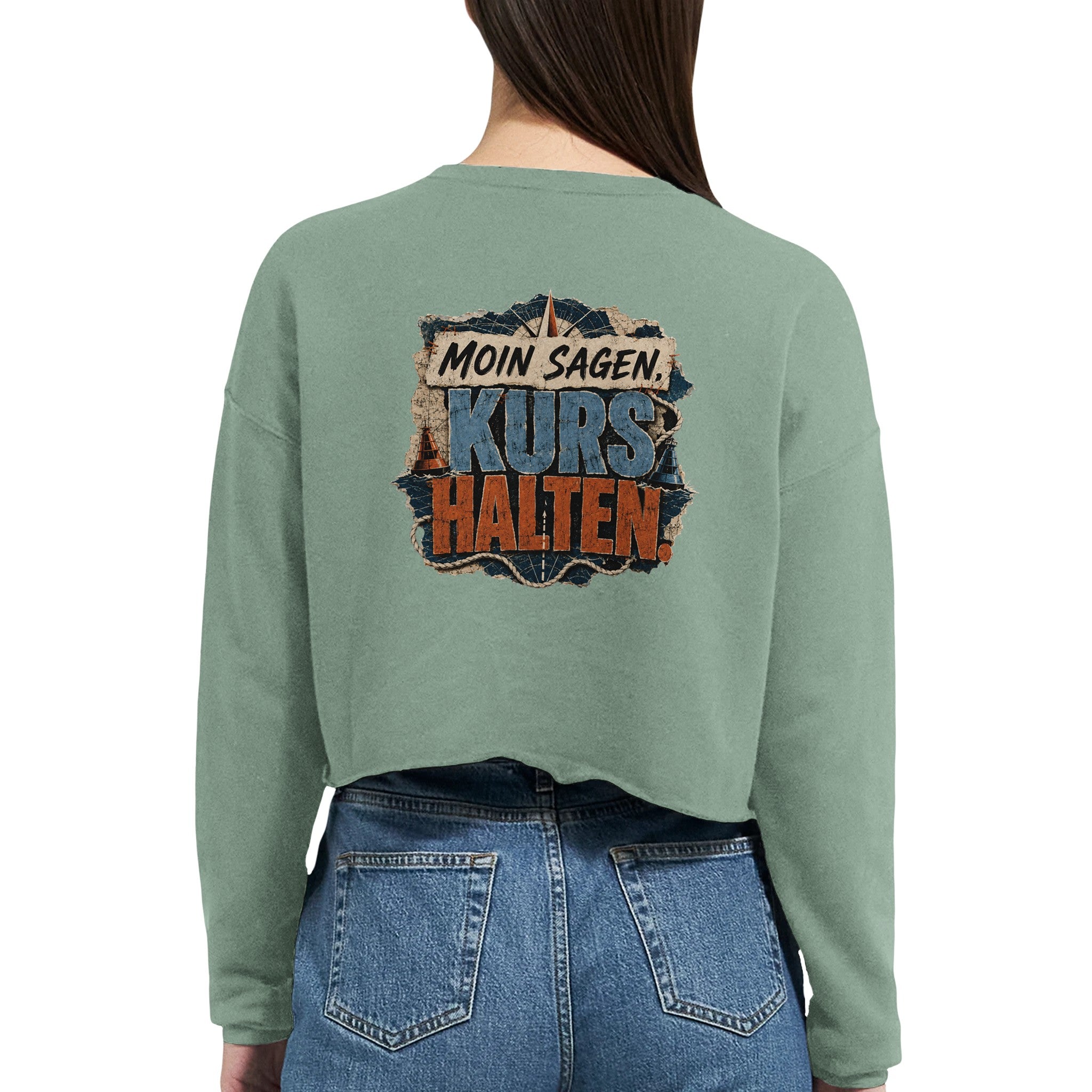 Damen-Pullover in Staubblau mit Motiv „Moin sagen. Kurs halten.“