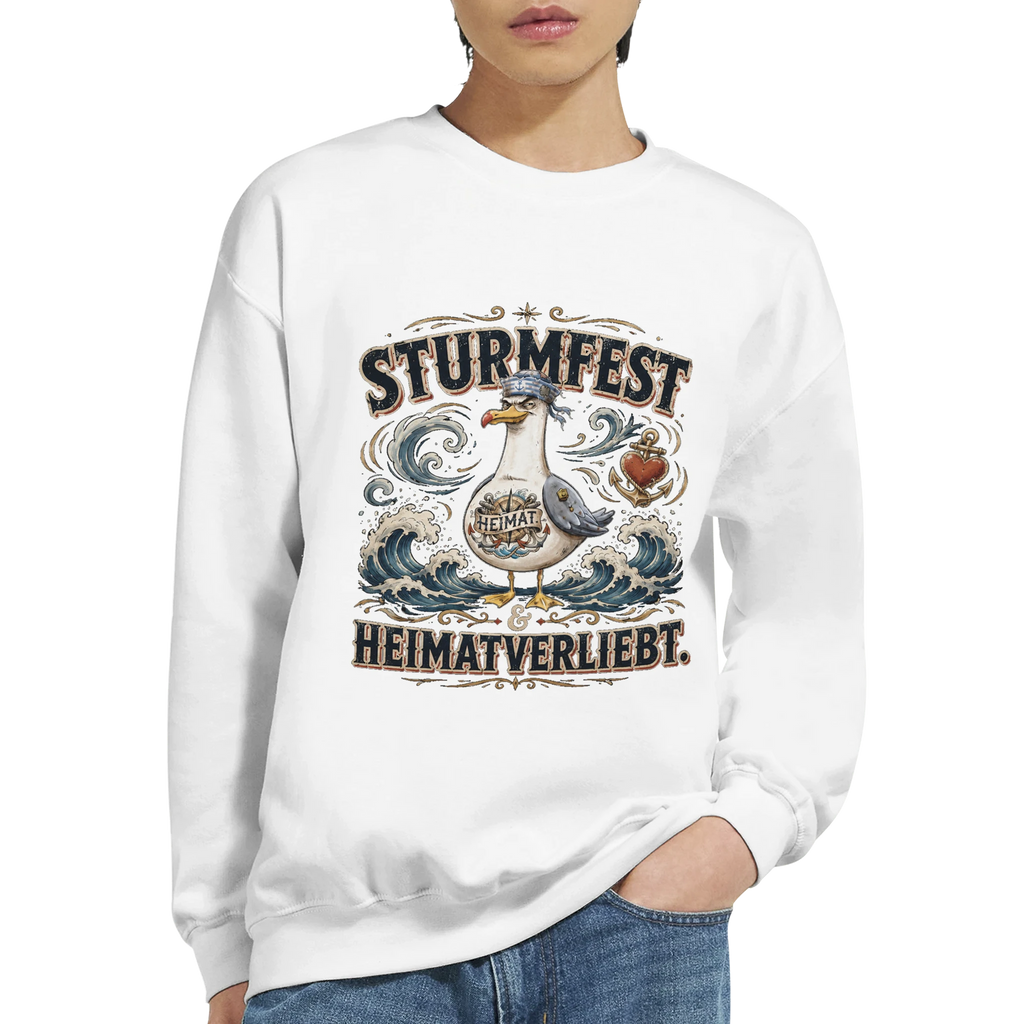Pullover in Sand mit Motiv „Sturmfest & Heimatverliebt Möwe“